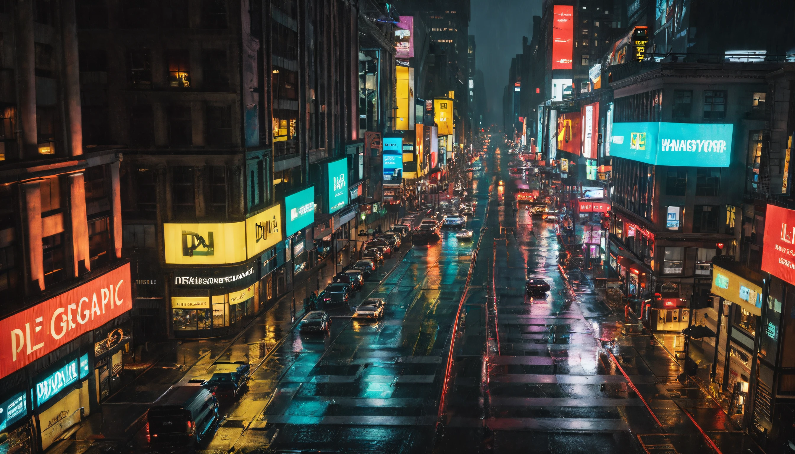 AWARD-WINNING PROFESSIONAL PHOTOGRAPHY, National Geographic, aerial drone view DJI Phantom 16K, busy Broadway blvd street at night,  downtown New York City in 2050 after a rainy night, hyper-realistic, Cyberpunk, cinematic scene, Cityscape, morose, neon-lit, View from above at night during heavy rains, Reflective wet streets, photoreallistic, Extremely well done,  Arri Alexa with Aerial Platform, Objectif 20mm, Light streaks, faible profondeur de champ, Lens Flares, 8k, Hdr, volumeric lighting, Lens Flares, De vastes paysages, Intricate details.