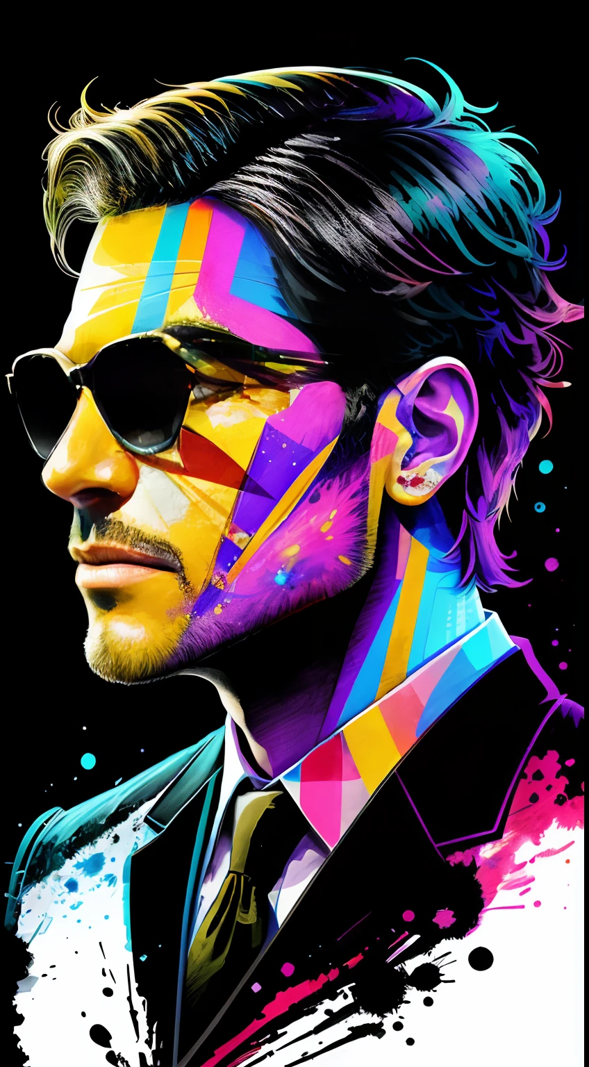in the style of 0mib,T-shirt design,Side portrait of a handsome man,Colorful,Prismatic fragments,Doodle lines,Reflect fractal circles,ink spatter,Melted brushstrokes,particles vortex,dramatic lighting,high high quality, Beautiful,tmasterpiece
