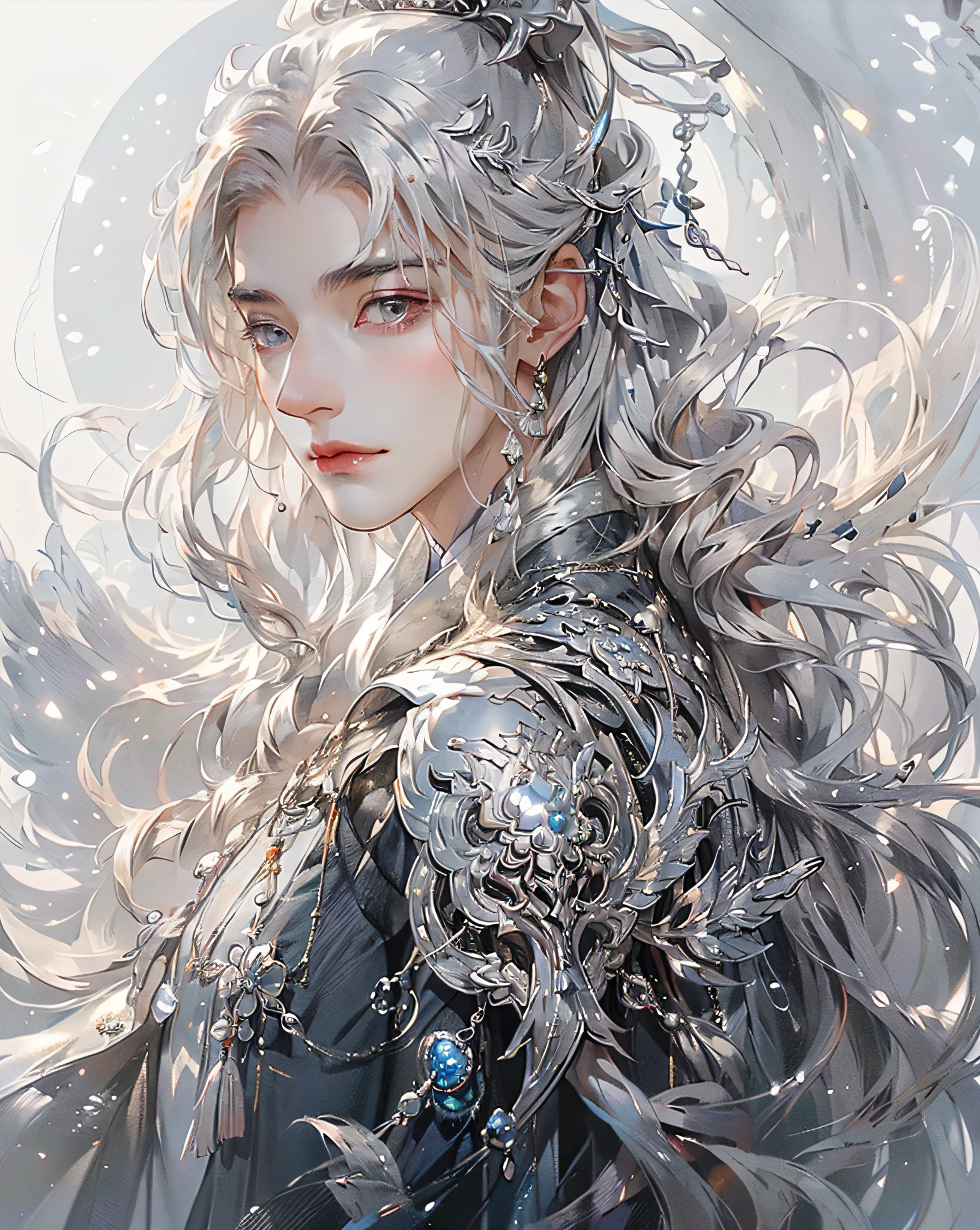 (extreamly delicate and beautiful:1.2), 8K, (tmasterpiece, best:1.0), , (LONG_silver_HAIR_MALE:1.5), Upper body body, a long_haired male, cool and seductive, evil_gaze, wears white hanfu, and intricate detailing, and intricate detailing, finely eye and detailed face, Perfect eyes, Equal eyes, Fantastic lights and shadows、white room background、 Uses backlight and rim light