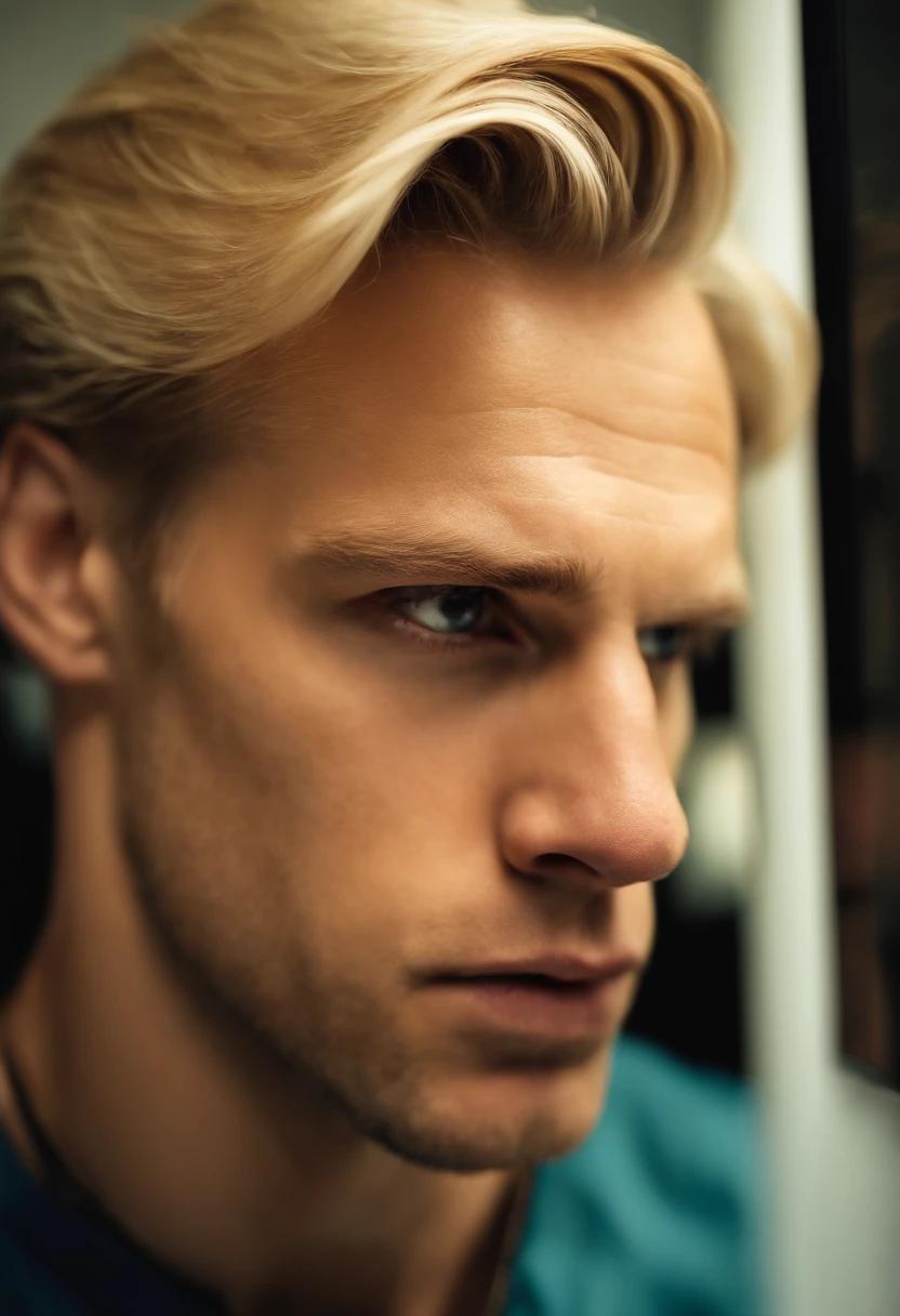 Blond man with narcissistic angry face looking out of mirror
