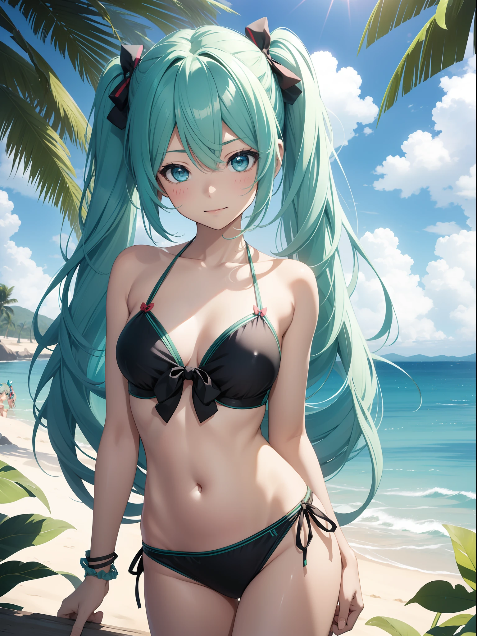 Official art、Top quality ultra-detailed CG art、miku hatsune:1.2)、Green hair、lively girl、swim wears、Transcendent Cute、kirakira、blue-sky、Twin-tailed、Ichigo、sand beach、bow ribbon