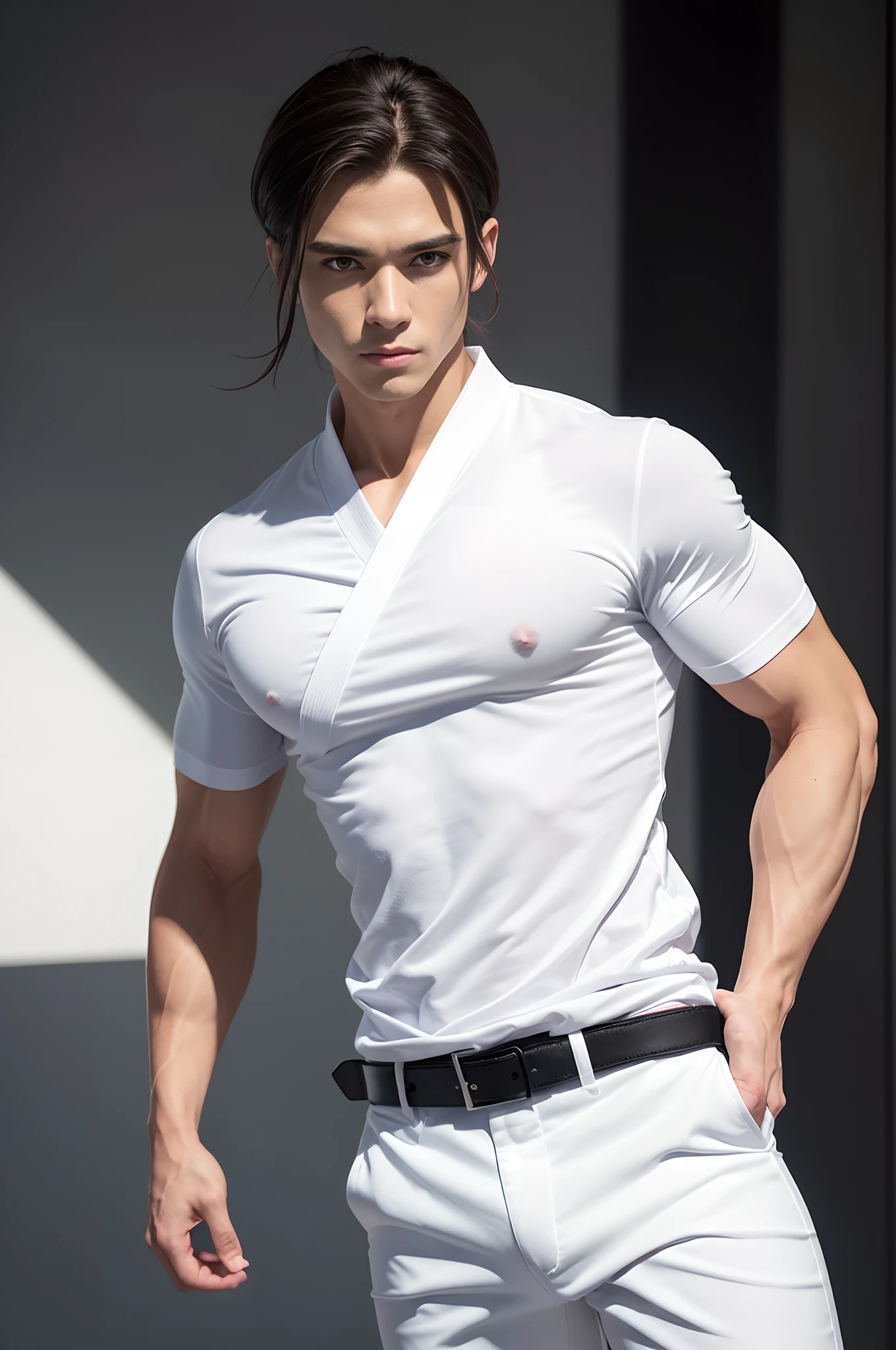 a picture, a handsome, 8k full body portrait of a man, Move ki, disheveled long hair, musculature, Detailed muscular physique, a picture, (​masterpiece, top-quality, top-quality, Official art), Large and dynamic movements, Make a high side kick, Photorealistic depiction,20yr old, Toned waist, long limbs, bare-legged, White Karate Uniform, White Hand Belt, White karate pants, Accurate depiction of details, Perfect skeleton, Look straight at your audience, sharp gaze