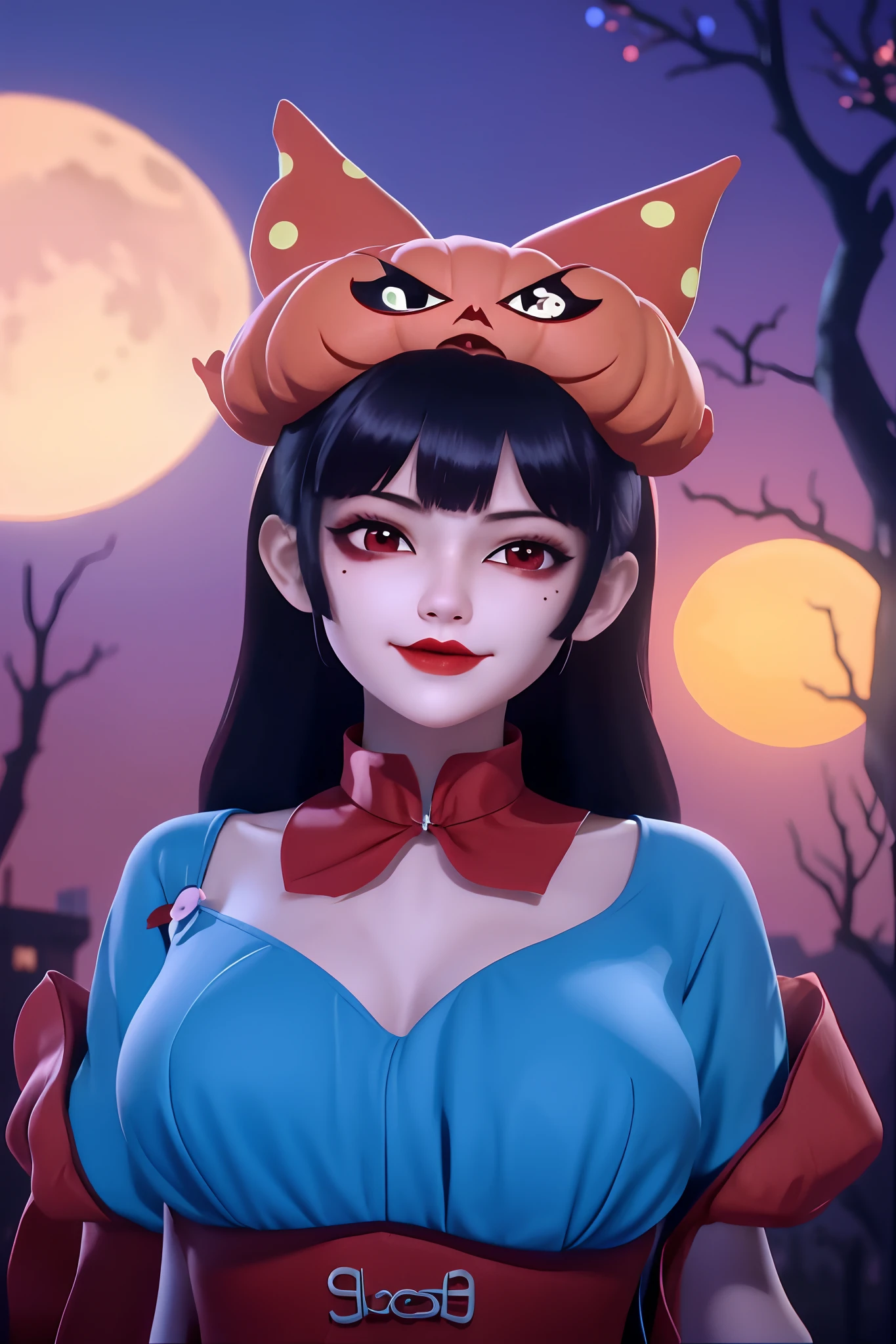 1girll，Half-faced clown mask，Red Moon，borgar，pumpkins，the bats，best qualtiy，HD graphics