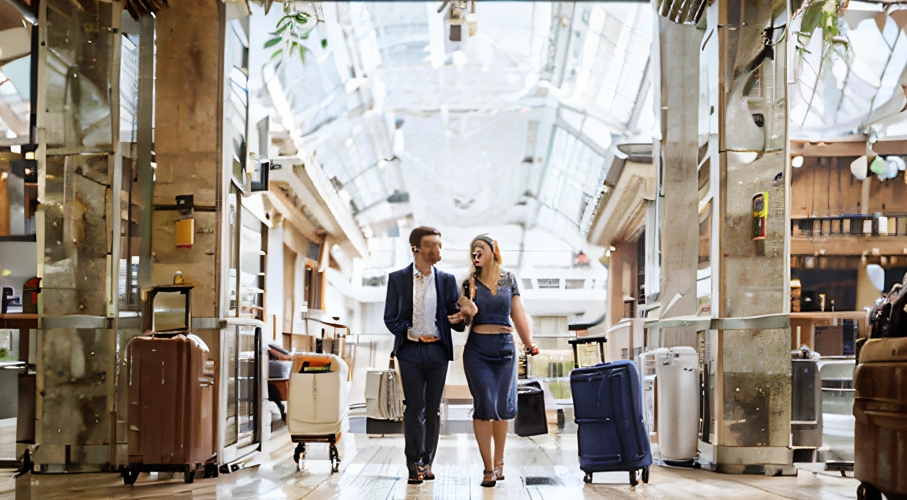 a man and woman walking through the airport walkway with suitcases, in the style of joyful and optimistic, firmin baes, cabincore, white and indigo, exotic, organic