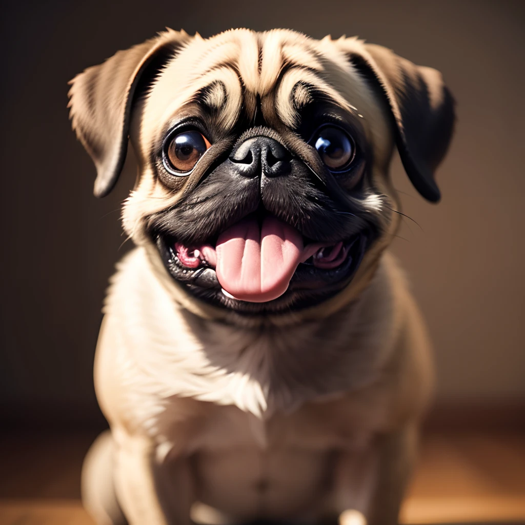 Anthropomorphic pug dog, Lightroom, Cinematic, HDR, Raw, Intricate, hiquality, stick out their tongue,soft tones, intricate details, low contrast