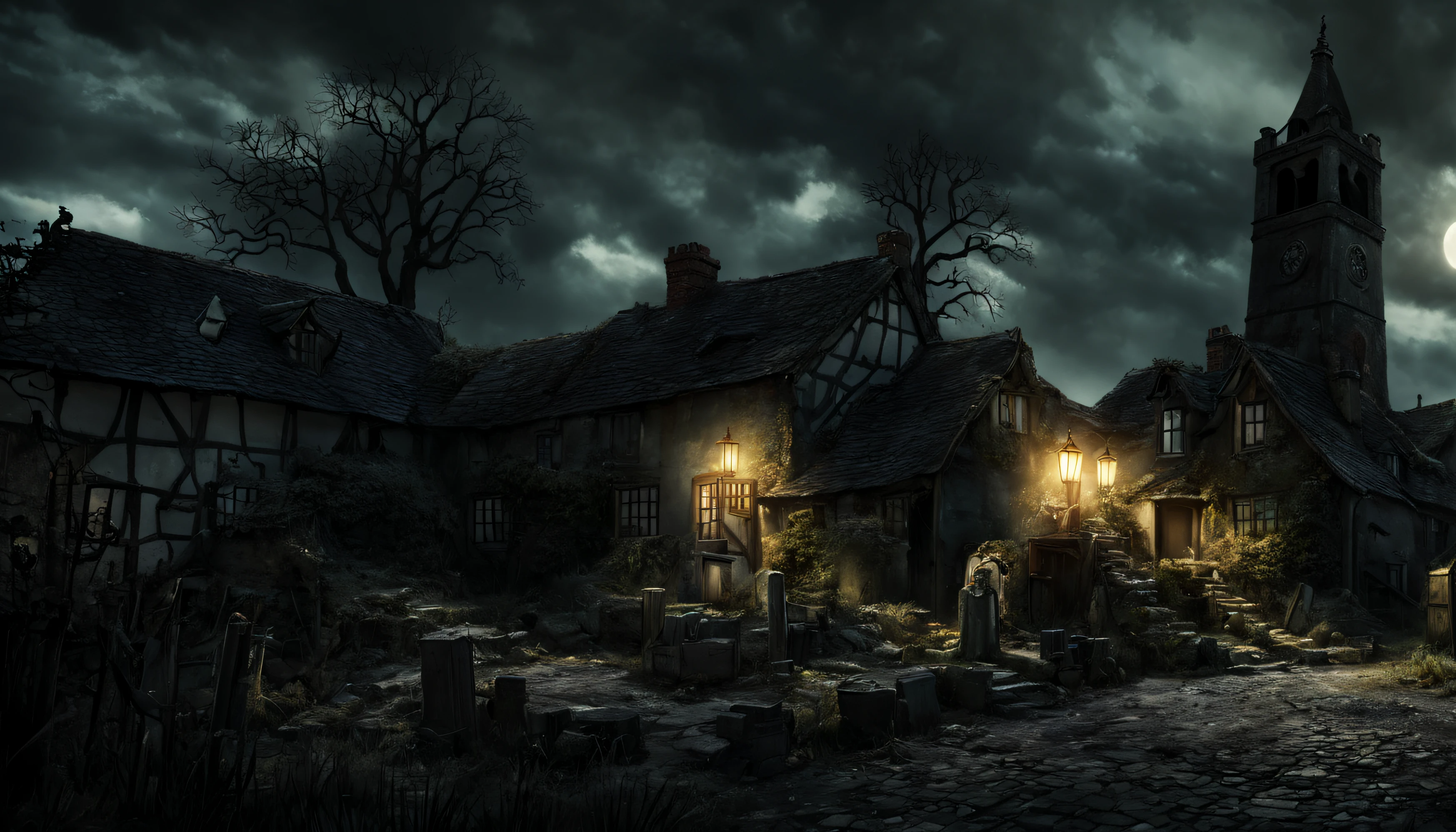 A unnerving night scene depicting a haunted English village draped in mystery and fear. Winding lanes, dilapidated thatched cottages, an eerie graveyard and a looming bell tower. Influenced by the creepiness of Junji Ito’s work, H.P Lovecraft universe, and Edgar Allan Poe's dark romanticism. Starting point for high-quality, horror-themed video game graphics, detailed, photorealistic, with a focus on ominous shadow and chilly blue light. Deserves a place in ArtStation's trending chart.