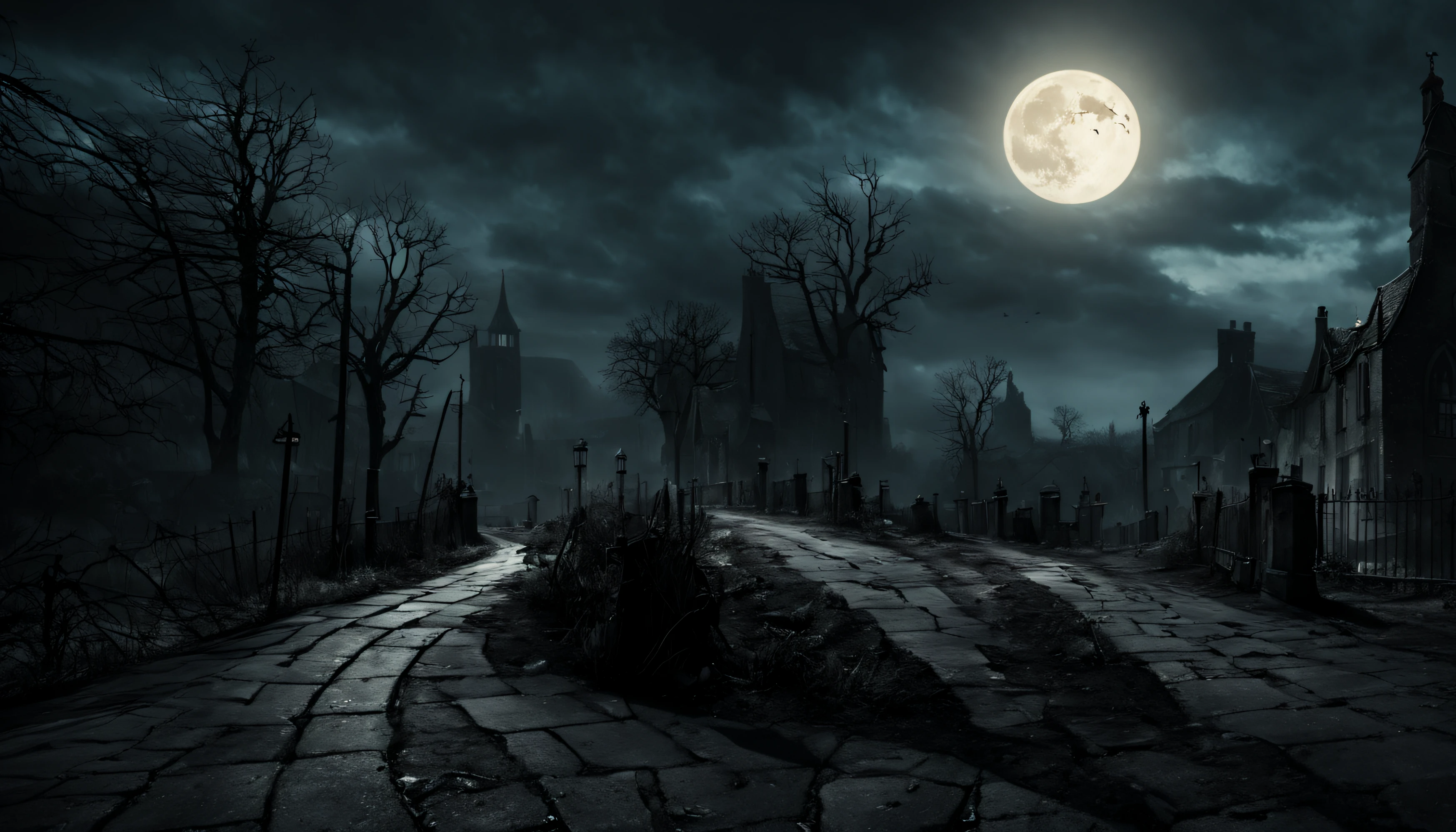 A unnerving night scene depicting a haunted English village draped in mystery and fear. Winding lanes, dilapidated thatched cottages, an eerie graveyard and a looming bell tower. Influenced by the creepiness of Junji Ito’s work, H.P Lovecraft universe, and Edgar Allan Poe's dark romanticism. Starting point for high-quality, horror-themed video game graphics, detailed, photorealistic, with a focus on ominous shadow and chilly blue light. Deserves a place in ArtStation's trending chart.