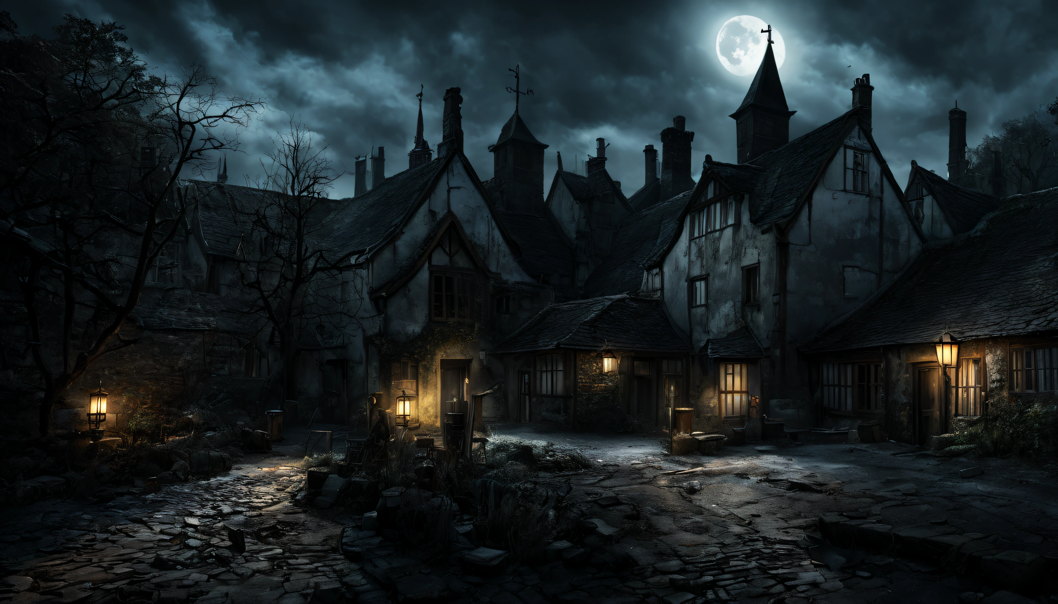 A unnerving night scene depicting a haunted English village draped in mystery and fear. Winding lanes, dilapidated thatched cottages, an eerie graveyard and a looming bell tower. Influenced by the creepiness of Junji Ito’s work, H.P Lovecraft universe, and Edgar Allan Poe's dark romanticism. Starting point for high-quality, horror-themed video game graphics, detailed, photorealistic, with a focus on ominous shadow and chilly blue light. Deserves a place in ArtStation's trending chart.