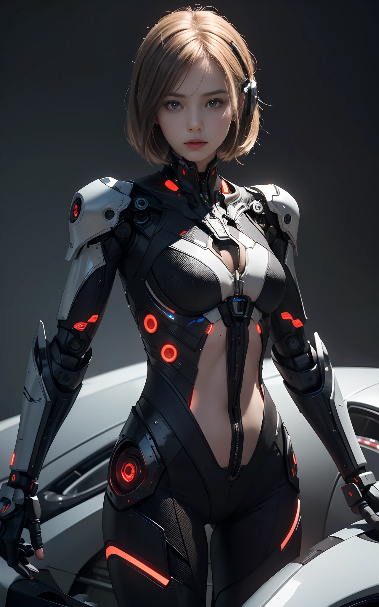 8k, top-quality, masterpiece, realisticlying, realperson, render of a futuristic human-like robot with sections of its body revealing the complex machinery inside. The android poses confidently, with its fingers displaying micro-motors and sensors.