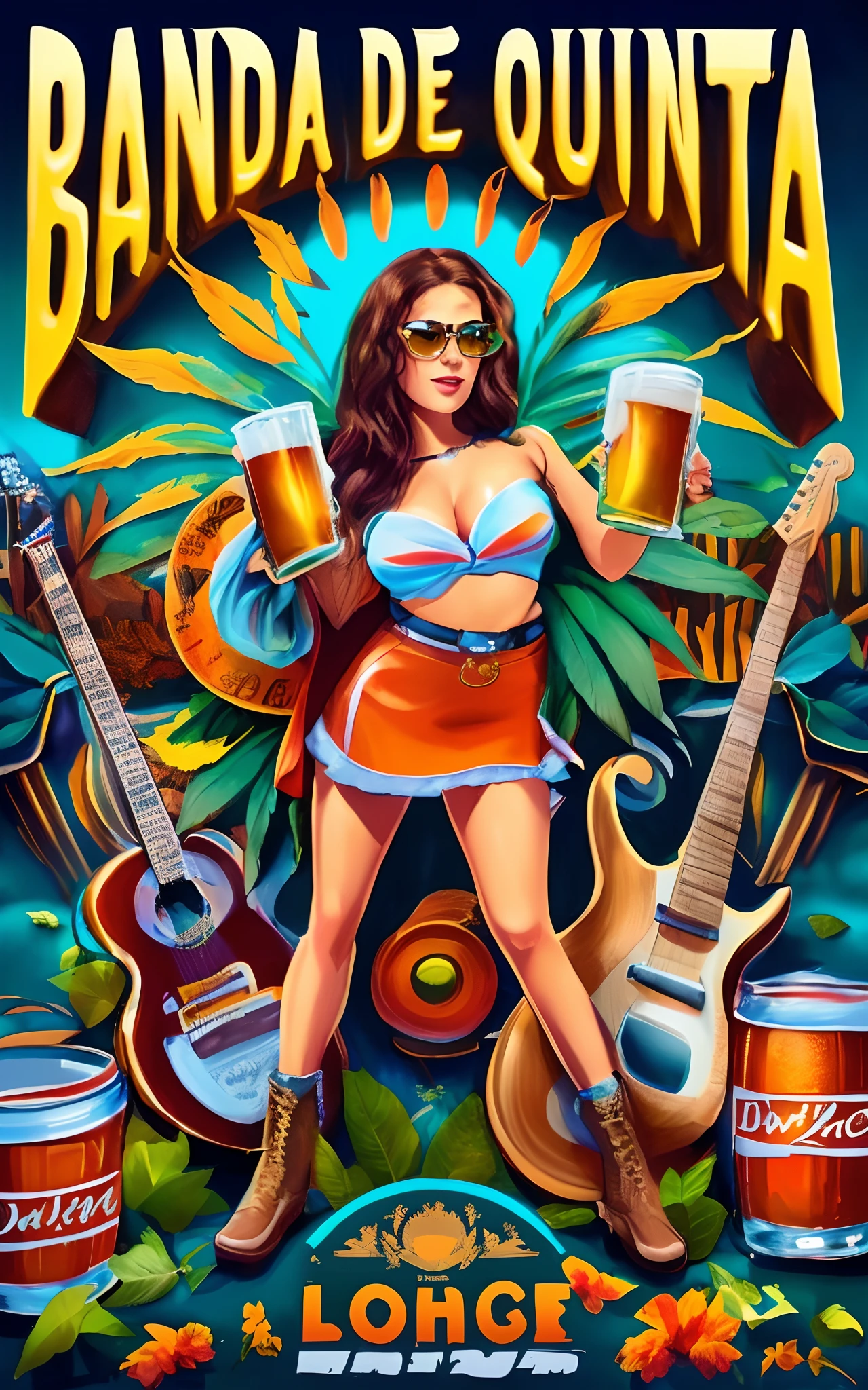 Um cartaz de uma banda chamada Banda de Quintaa, Arte de Dayer Diego, Directed by: Dave Arredondo, beer advertisement, official poster artwork, poster artwork, arte oficial, album cape, in illustration style digital, album cape, poster illustration, Jen Bartel, arte oficial altamente detalhada, digital illustration -, stylized digital illustration, full art illustration