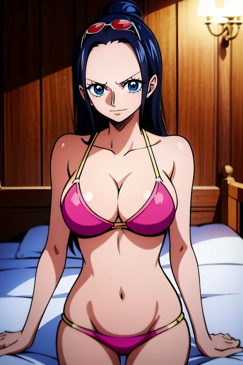 Robin de One Piece, pose sexy, Y si , Elly, Sari rojo, 8k, anime, ribera, teta grande, grande, Se ve sexy perfecta calidad ojos ojos azules, bikini rosa, pink bikini, bed, house, night