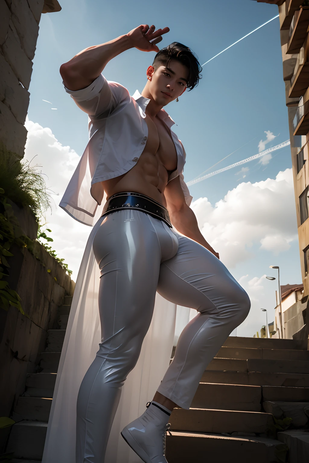 realista, Obra maestra, Detalles intrincados, Antecedentes detallados, Profundidad de campo, muscular, Foto de un guapo (Young Korean man looking like a K-pop idol), 20yo, Shirt with latex collar, shiny latex, Postura de lucha, dynamic pose, andante, Tangas, Retrato de cuerpo entero, botas negras, sosteniendo un arco, con flechas en la espalda, en la calle de una ciudad medieval, (pelo blanco corto), Tiene un toque de misterio y magia, nubes oscuras, And lightning falling to the ground. entrepierna voluptuosa, piel blanca, palido,