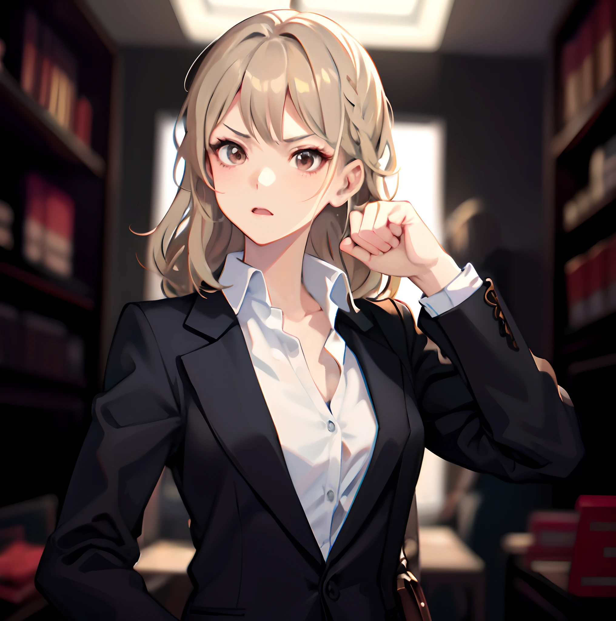 anime - style image of a woman in a suit, anime artstyle, painted in anime painter studio, digital anime illustration, detailed digital anime art, best anime 4k wallpaper, high detailed official artwork, girl in a suit, made with anime painter studio, anime art, female lawyer, looking to her right, angry! Brown eyes, long hair