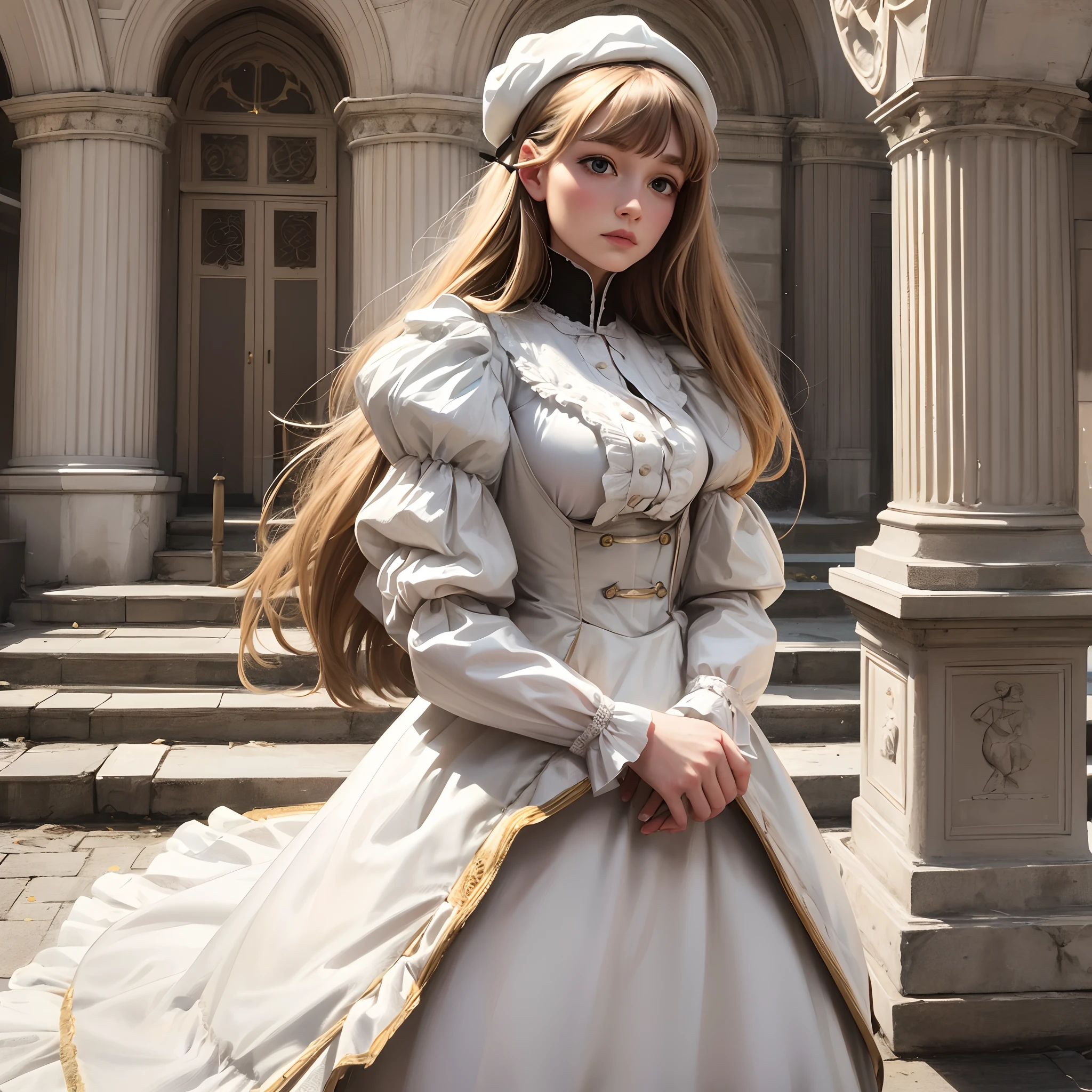 Ella Freya as a victorian soldier, white dress, beautiful composition, epic realism --auto --s2