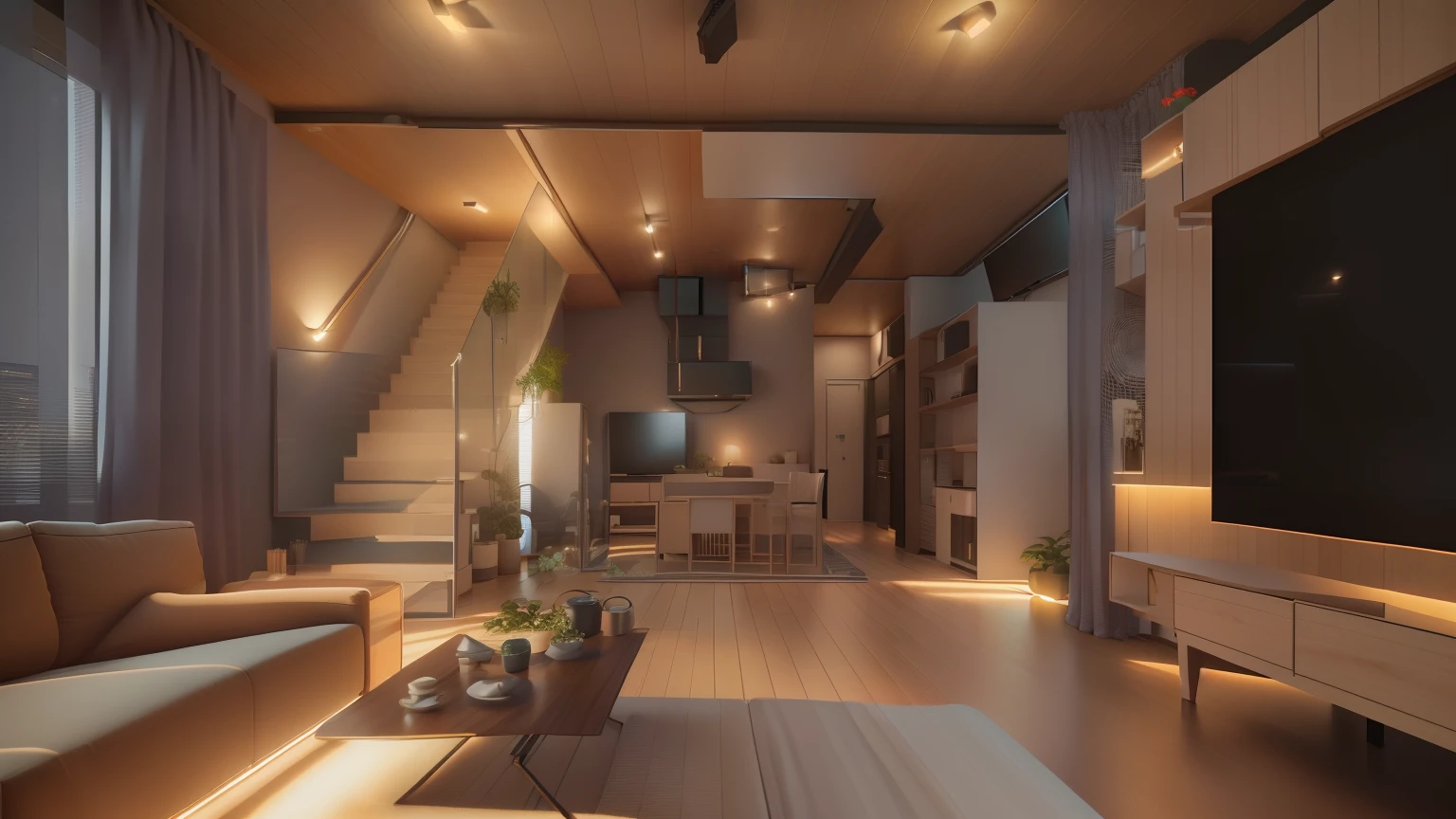 view of a living room with a couch and dining room, Table, and a tv, isometric 8k, Isometric style, detailed ambient lighting, ambient lighting from top, personal room background, isometric 3d render, gentle ambient lighting, cozy home background, ambient lighting highly detailed, incredible isometric screenshot, Detailed 2D illustration, stylized 3d render
