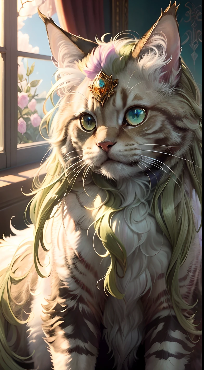 ((ultra-detailed)), (highly detailed CG illustration), ((an extremely delicate and beautiful maincoon)), cinematic light, Create a stunning fantasy artwork that mimics the style of currently trending masters of the genre. The art piece should contain elements of both mythic fantasy  with colorful accents. ((Utilize various shades of olive green and watercolor pastels as the main color scheme.)) The maincoon in the artwork is a fluffy with an aura of mystery and magic, mesmerizing eyes with vibrant colors and bold shading. The fur of maincoon  should be designed with gossamer feathers, silk, stunning embroidery, and subtle iridescent details. Incorporate dreamy colors, dynamic lighting, and detailed background elements to create a sense of awe and immersion. Include magical aura. Consider, (((masterpiece))), (((best quality)))