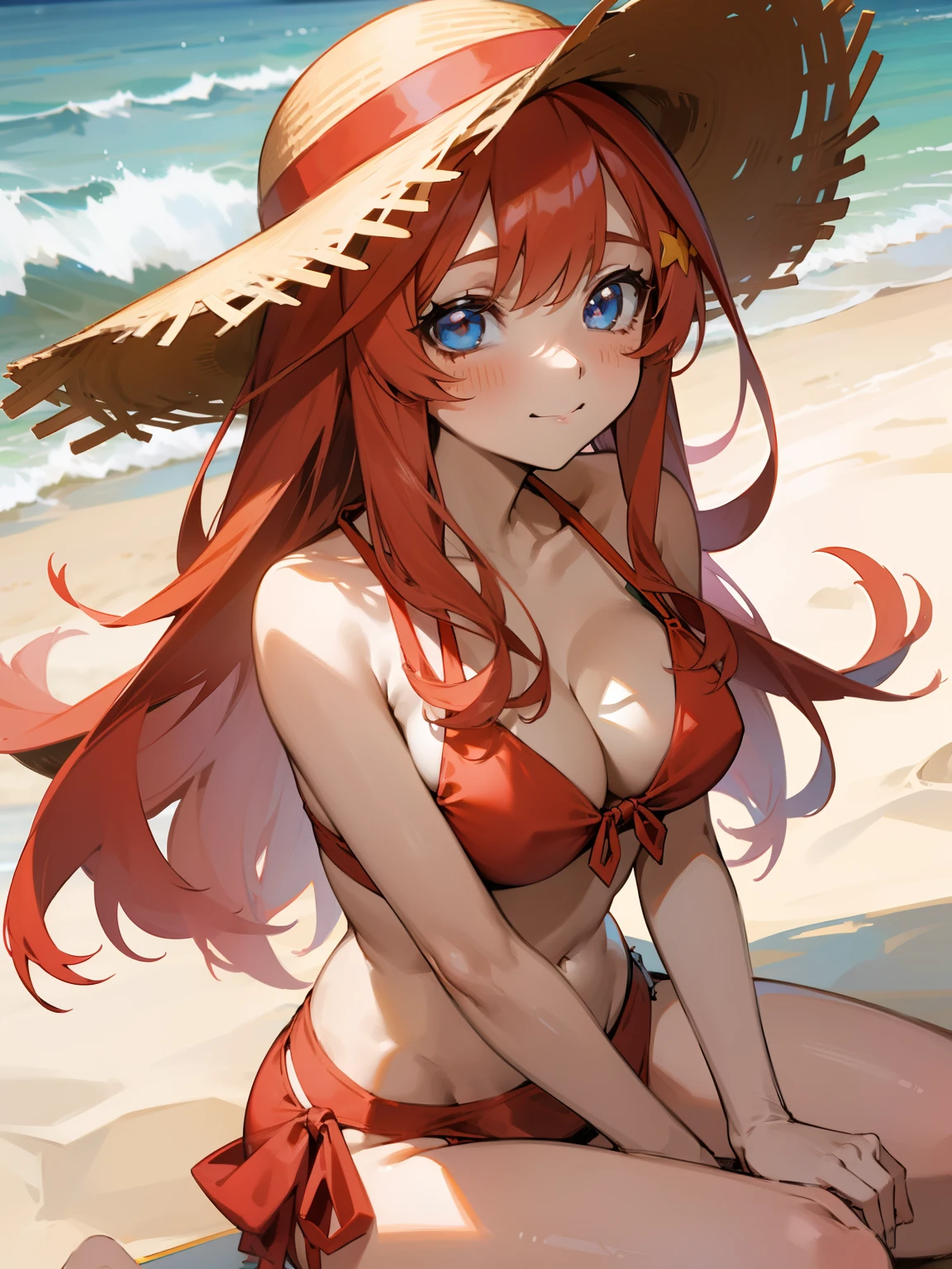 1girl, Anime girl with long hair, anime moe art style, Anime visuals of cute girls, Anime Best Girl, itsuki nakano fanart, pretty anime girl, Smooth Anime CG Art, Seductive Anime Girl, charming anime girls, Cute anime girl, Shining eyes, big boobs, ((looking at viewer)), (((((happy))))), close up, red hair, blue eyes, (((red bikini))), beach, ahago, ((straw hat)), ((sitting)), sun, sunlight, beach, seaside