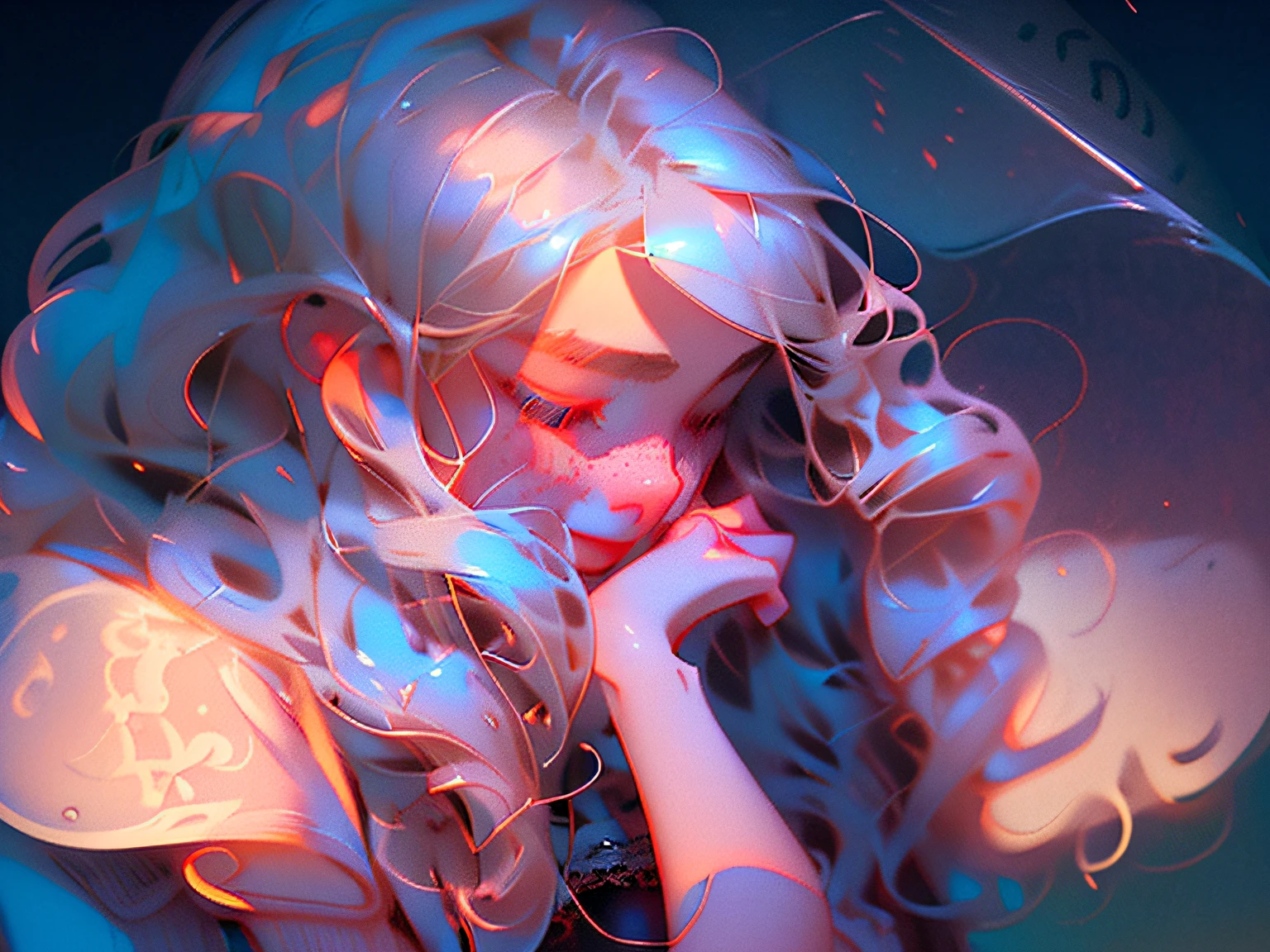 (8K, Best quality, Masterpiece:1.2),  Ultra-detailed,((( 1 girl))),Solo,Beautiful detailed sky,Detailed Cafe,Night,Sitting,dated,(nose blush),(Smile:1.15),(Closed mouth) Beautiful detailed eyes,(shirt:1.1),  rain,White lace, (Long hair:1.2),Floating hair NovaFrogStyle, ((full bodyesbian)),