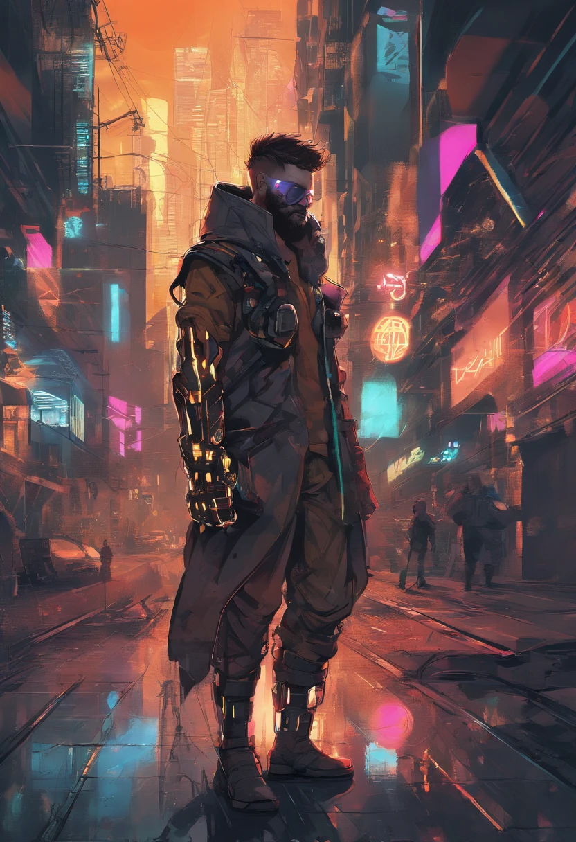 (best quality,highres,ultra-detailed,realistic:1.2), male with robotic arms wearing sleeveless hoodie, brown-eyed, brown ponytail, crackling energy, light beard, futuristic concept, vivid colors, glowing neon lights, impressive physique, powerful stance, cyberpunk style, metal texture, industrial setting, cityscape background