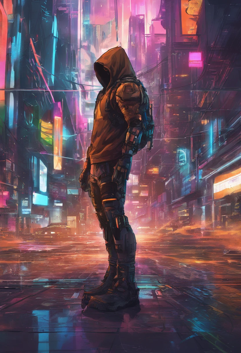 (best quality,highres,ultra-detailed,realistic:1.2), male with robotic arms wearing sleeveless hoodie, brown-eyed, brown ponytail, crackling energy, light beard, futuristic concept, vivid colors, glowing neon lights, impressive physique, powerful stance, cyberpunk style, metal texture, industrial setting, cityscape background
