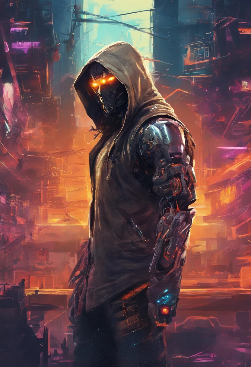 (best quality,highres,ultra-detailed,realistic:1.2), male with robotic arms wearing sleeveless hoodie, brown-eyed, brown ponytail, crackling energy, light beard, futuristic concept, vivid colors, glowing neon lights, impressive physique, powerful stance, cyberpunk style, metal texture, industrial setting, cityscape background