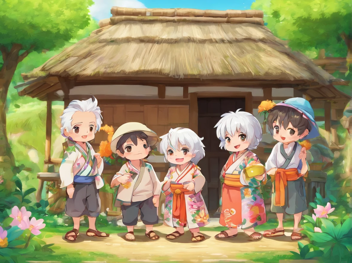 foot of the mountain，A white-haired grandmother and three black-haired boys stand in front of a thatched hut