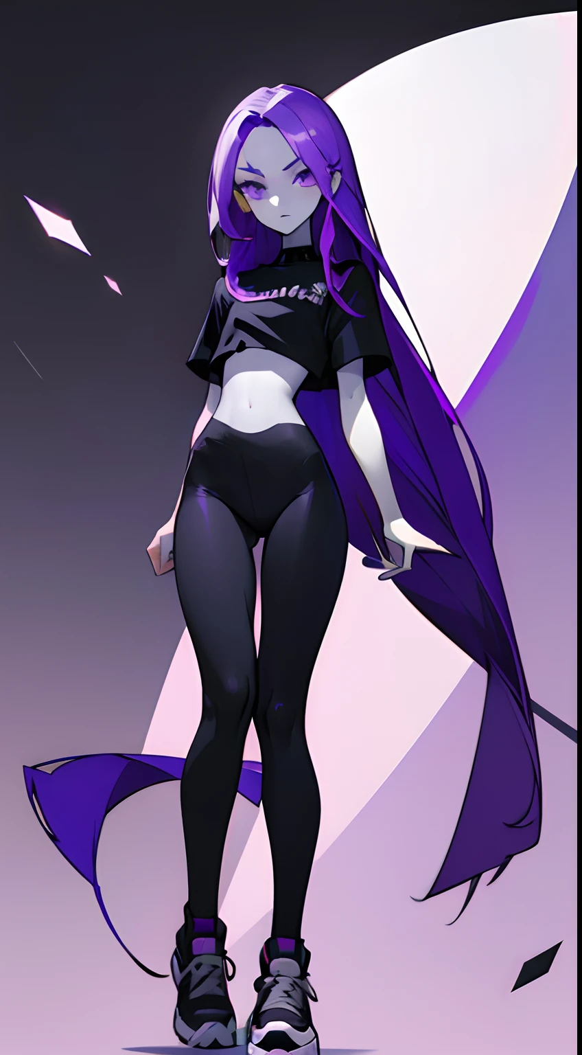 Girl with long thin purple hair, White Skin Skin, High, Skinny, beatiful face, sharp facial features, little chest, In black leggings and a black t-shirt, in black sneakers, stands upright, is looking at the camera, Full-length