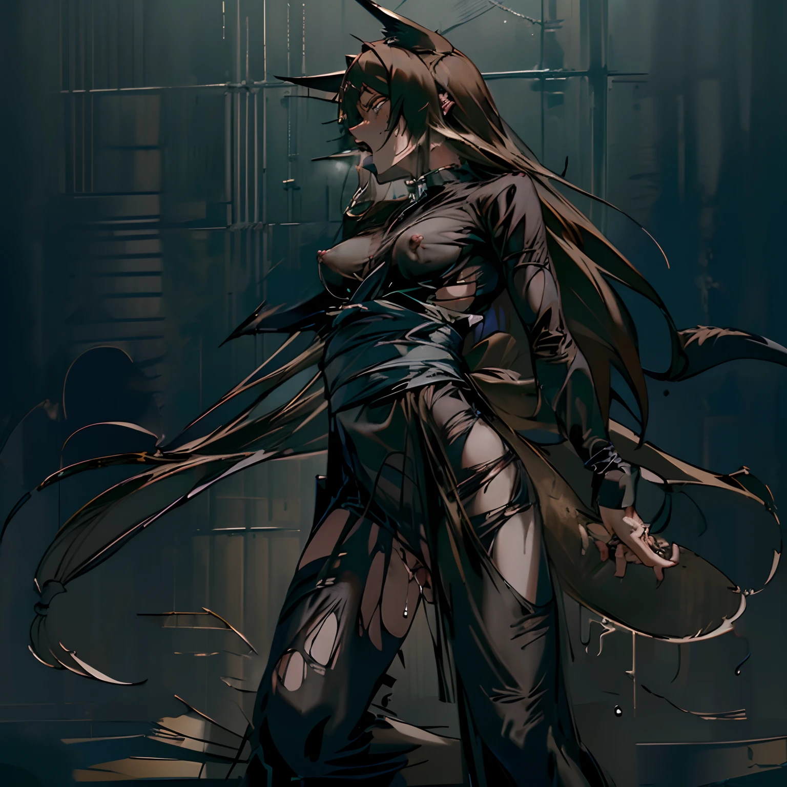 (((nsfw))),((masterpiece)),((high resolution)),((best quality)),extremely fine and beautiful, super fine illustration, beautiful detailed girl, large supple breasts, front view, facing at viewer,((rape ,crying open eyes screaming)((Hands bound, handcuffs, tied wrist, ,house wife,teary eyes, brown hair, )), (scared :1.1), bloody, (obi:1.2), (see-through:1.4), (torn:1.6), covered nipples, covered pussy, (spread legs:0.9), hair covering breasts, dark hair, long hair, fox ears, blue eyes, profile, torn black kimono, back, (((dark voluminous fox tail))) torn clothes,large breasts, nipples,handcuffs, collar, chain, embarrassed, scared,breasts focus,movie lighting, perfect shadow,(((prison))), realistic lighting shaded