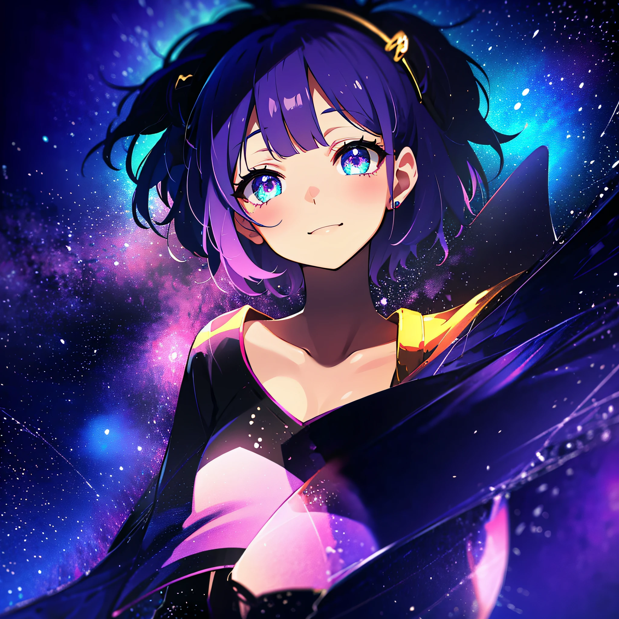 (masutepiece:1.3), (Best Quality:1.3), High resolution, Couboy Shot, on back, Sleeping, (One Cute Girl:1.3), Solo, White skin、 huge smile、Angel Ring、eight-headed person, Purple hair, (bobhair:1.2), Mixed mesh and light blue、Short hair, (Blunt bangs:1.2), Beautiful hair, Eyes are purple, Miraculous Eye、Beautiful detailed eyes, ultradetailed eyes、Glitter eyes、octans,cloud,from the rear、Colorful starry sky,Stars,Iridescent aura around the eyes、Squat position、thrust out one's hip、Iridescent eyes、Narrowed eyes sucked in,Wearing a rainbow-colored aura from the whole body、purpleish color, Outdoors, Purple background, Shadow lighting,perfectbody