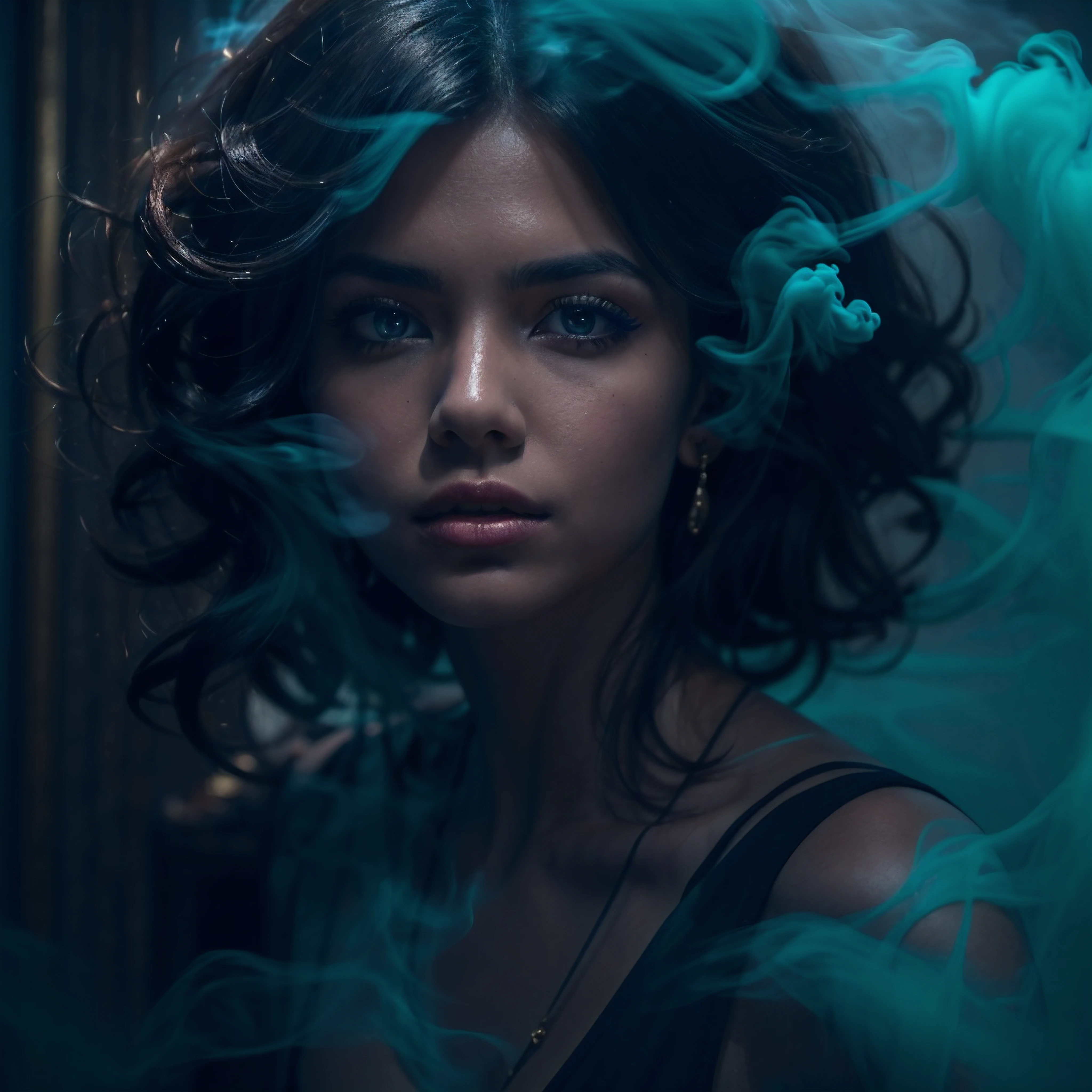 (An exquisite portrait of a woman with hair made of turquoise smoke posing in a room filled with fog:1.4), dynamic pose, (detailed expressive eyes:1.6), (flirty facial expression:1.3), (slightly tilted head), wearing dark smoke eye makeup, the photograph captured in stunning 8k resolution and raw format to preserve the highest quality of details, (her eyes are portrayed with meticulous attention to detail: 1.3), The photograph is taken with a lens that emphasizes the depth in her eyes, the backdrop is a dark room setting that enhances the colours of the scene. The lighting and shadows are expertly crafted to bring out the richness of her skin tone and the intense atmosphere. Her hair adds contrast against her skin, the overall composition captures her essence with authenticity and grace, creating a portrait that celebrates her heritage and beauty. Photography utilizing the best techniques for shadow and lighting, to create a mesmerizing portrayal that transcends the visual,