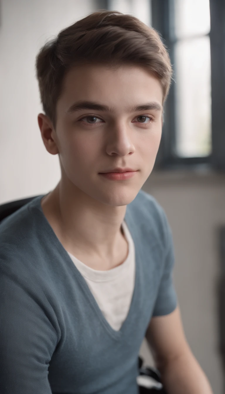 19-year-old boy has never been in a wheelchair, his face is disabled, disabled, his wheelchair is framed in front of the camera, where the character looks directly at the camera, wheelchair facing a window, ultra-detailed image