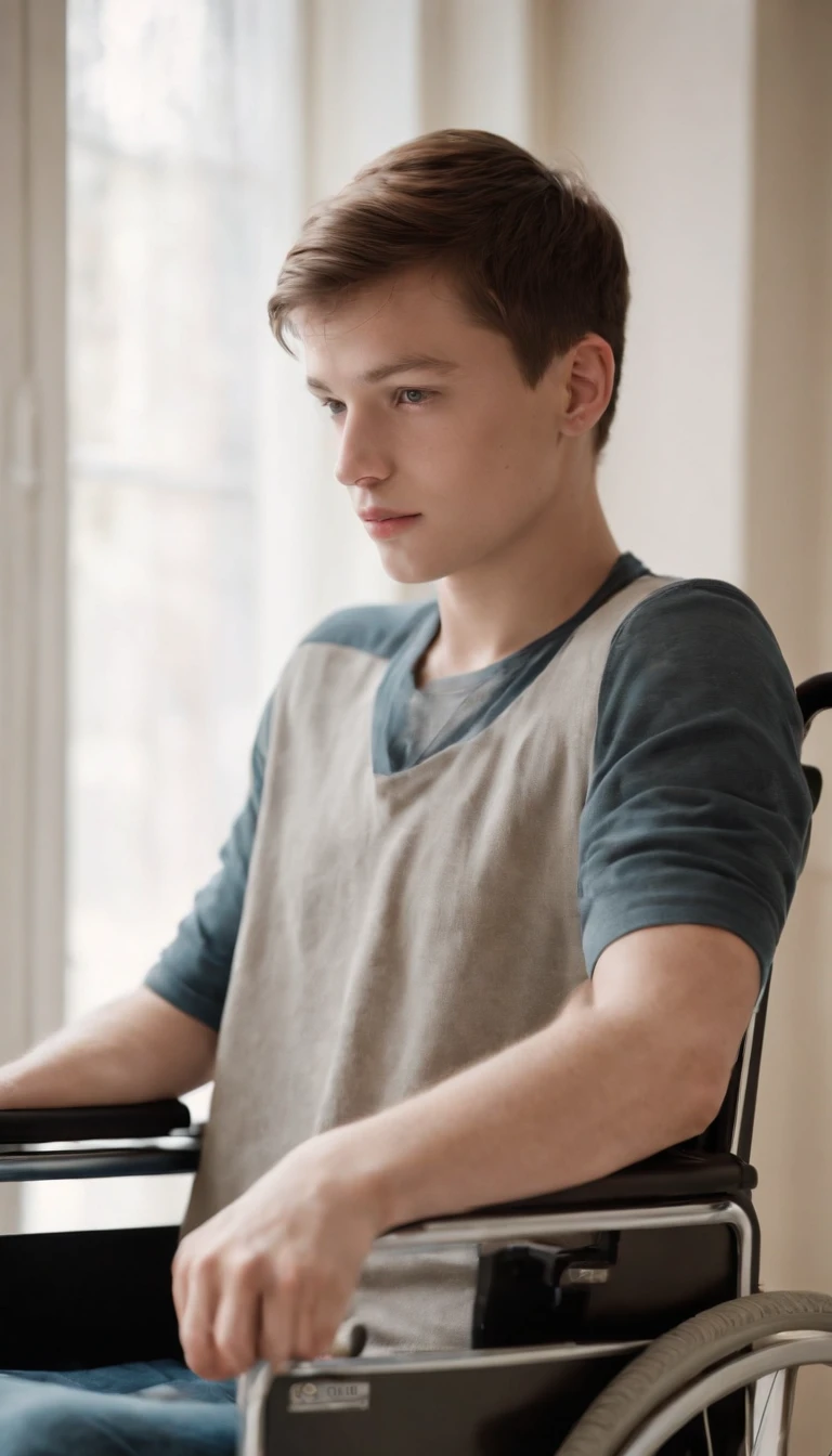19-year-old boy has never been in a wheelchair, his face is disabled, disabled, his wheelchair is framed in front of the camera, where the character looks directly at the camera, wheelchair facing a window, ultra-detailed image