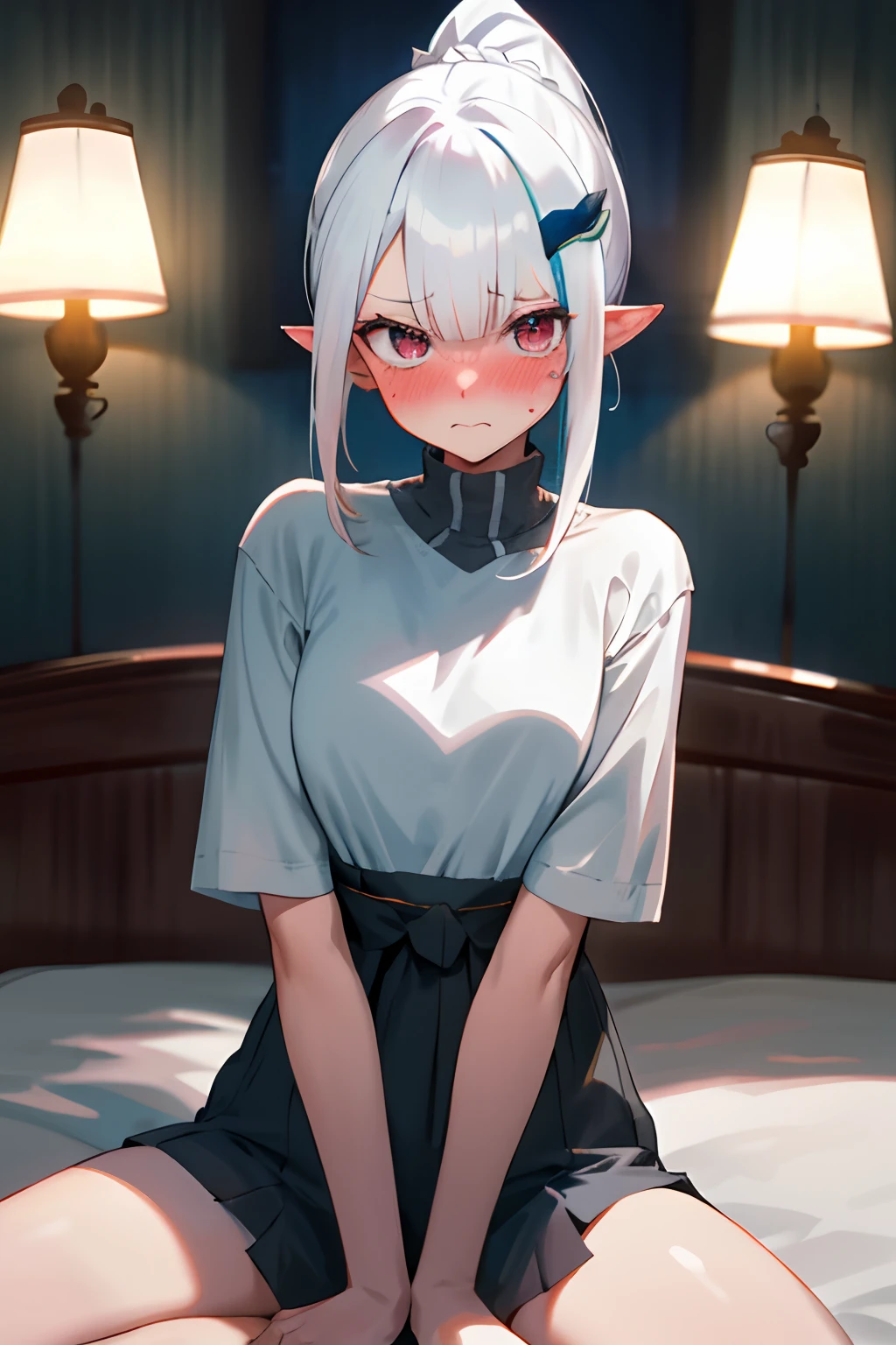 One girl with hair Drills, white hair, looking at viewer, embarrassed, blushing, tears, indoor , oversized naked t shirts, pointy ears, perfect waist, bed, sit on, spread legs, night atmosphere, hair ornament, pillow hug