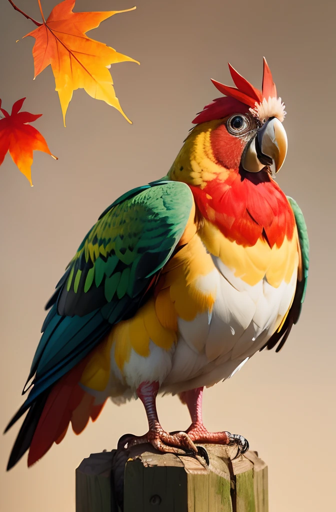 best quality,highres,masterpiece:1.2,ultra-detailed,realistic,bright colors,portrait,studio lighting,feathers detailed and vibrant,autumn leaf background,parrot-like beak,long tail feathers,curious eyes,chicken with colorful plumage,colorful and intricate patterns,beautiful vibrant bird,confident pose,perched on a branch,fallen leaves on the ground,colorful foliage,crimson,orange and golden hues,rays of sunlight piercing through the leaves