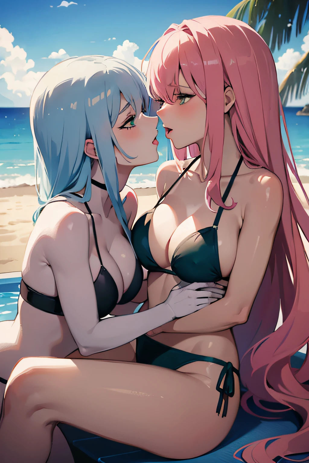 2women kissing, eyes closed. Large chest, green eyes. 1 woman long pink hair, white bikini. 1 woman long silver hair, black bikini, by the pool, adult content, sexy kissing