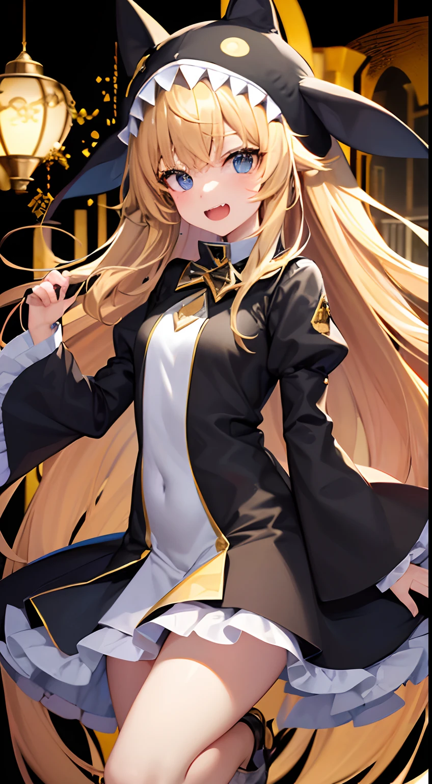 hight resolution、hightquality、ultra-detailliert、8k wallpaper、1人の女性、a blond、Beautiful fece、Wearing a shark costume、Teeth are shark fangs、Kamimei、Melancholy is in the air、Lovers feeling、Be loved、Familiarity、Lots of gold and black、Gold and black background