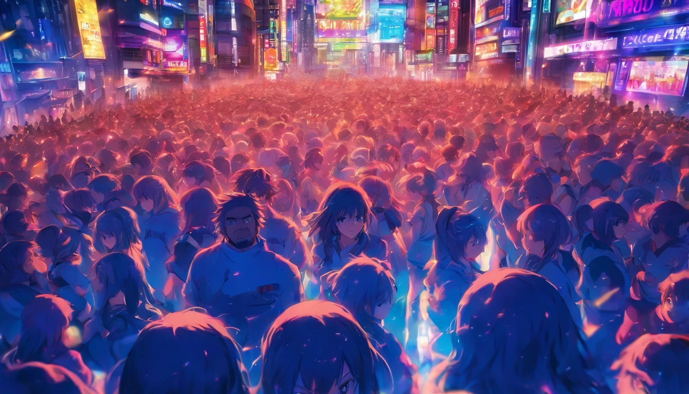 A crowd of people in a city at night with neon lights - SeaArt AI