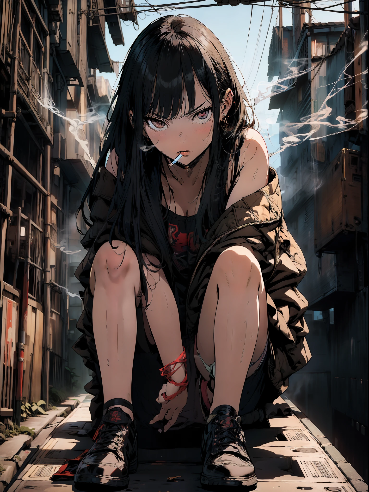 1 smoking girl , character focus, close to viewer, cowboy shot, from below, sitting on street, knees up , Street fashion, (((panty shot))) , black long hair,  ,white background, full body,high resolution,(incredibly absurdres),anime visual,extremely detailed CG unity 8k wallpaper, ((masterpiece)), ((top-quality)), (beautiful illustration), ((an extremely delicate and beautiful))