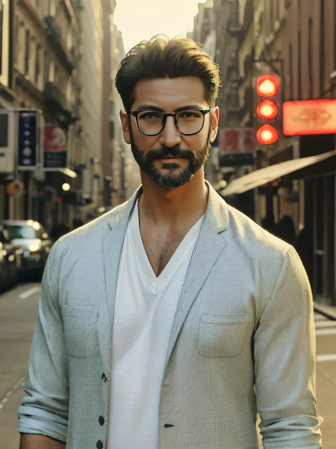 ((realisitic、Photorealsitic:1.6))、(8k、RAW Photography、top-quality、masterpiece:1.2)、55-year-old Western man、eye glasses、Hollywood Actors、Good Looking Model、Beard、Short Wave Hair、Looking at Viewer、Red shirt with collar、refreshing、smil、((New York streets by day))、Sunnyday、((masterpiece)), ((intricate detailes)), cranny々Bright lighting up to、、dazzling、super hight luminosity, high level of brightness, Day time、Lighting the face、ighly detailed、filmg、Fuji Film、电影灯光
