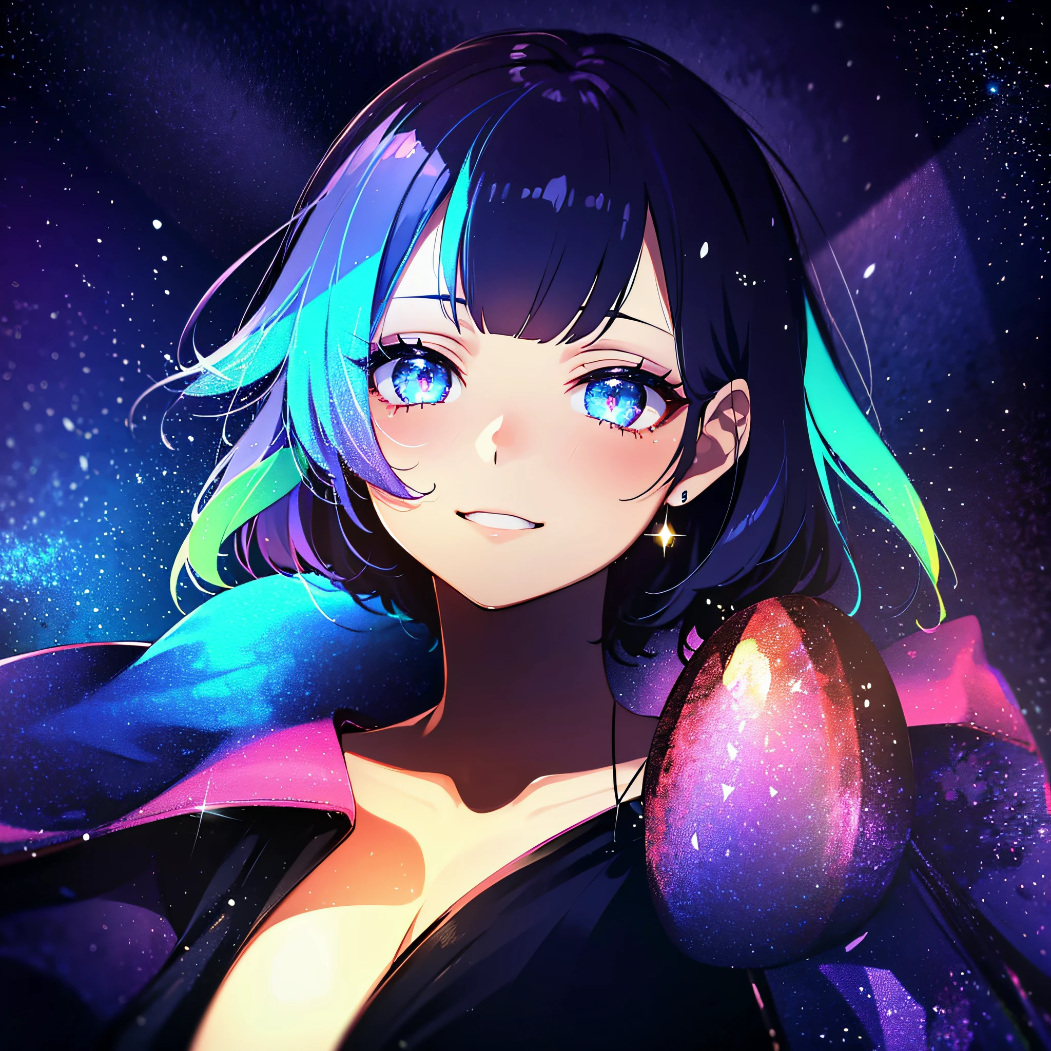 (masutepiece:1.3), (Best Quality:1.3), High resolution, Couboy Shot, on back, Sleeping, (One Cute Girl:1.3), Solo, White skin、 huge smile、Angel Ring、eight-headed person, Purple hair, (bobhair:1.2), Mixed mesh and light blue、Short hair, (Blunt bangs:1.2), Beautiful hair, Eyes are purple, Miraculous Eye、Beautiful detailed eyes, ultradetailed eyes、Glitter eyes、octans,cloud,from the rear、Colorful starry sky,Stars,Iridescent aura around the eyes、Squat position、thrust out one's hip、Iridescent eyes、Narrowed eyes sucked in,Wearing a rainbow-colored aura from the whole body、purpleish color, Outdoors, Purple background, Shadow lighting,perfectbody