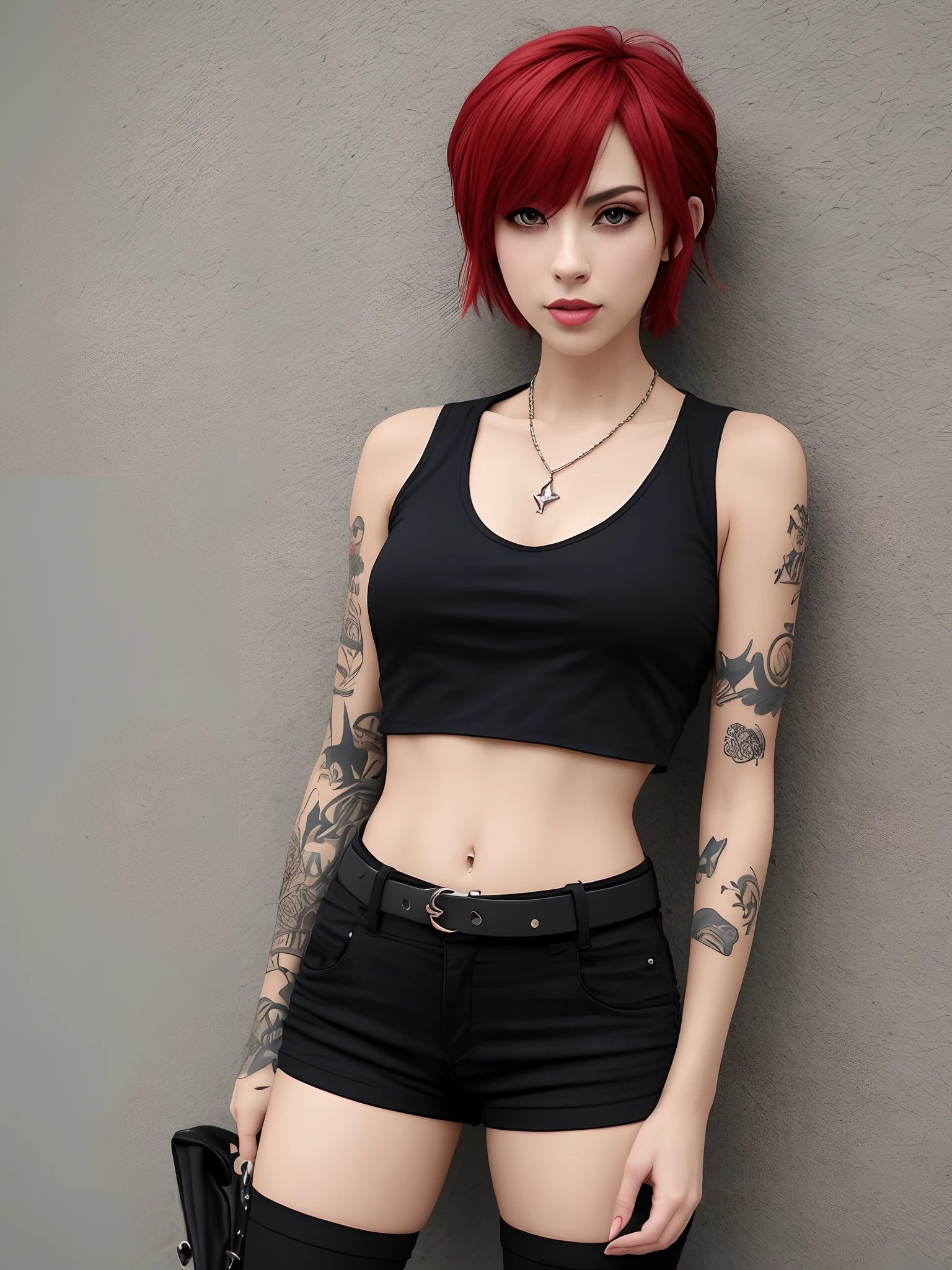 Sonic Master Piece), melhor qualidade, uma menina sentada perto de uma janela, emo, menina emo,Menina triste, red hair,fofo, tato, fechar para cima,short hair, olhos azuis, roupas pretas, sensual, (olhos brilhantes), asthetic,Estilo, elegante, penetrante, Feliz,malcriado, Equivocation, smug, superior, Brincos, papel de parede, 4k, PAREDE, Fresco, Badass, Camisa cropped, defined abdomen, sexy, belt, black pant, aconchegante, BREAK she's wearing a sleeveless shirt, She's wearing a white cropped shirt, she's wearing a necklace, She has Tatto on her arm, She has Tatto in her abdomen, She's wearing black pants