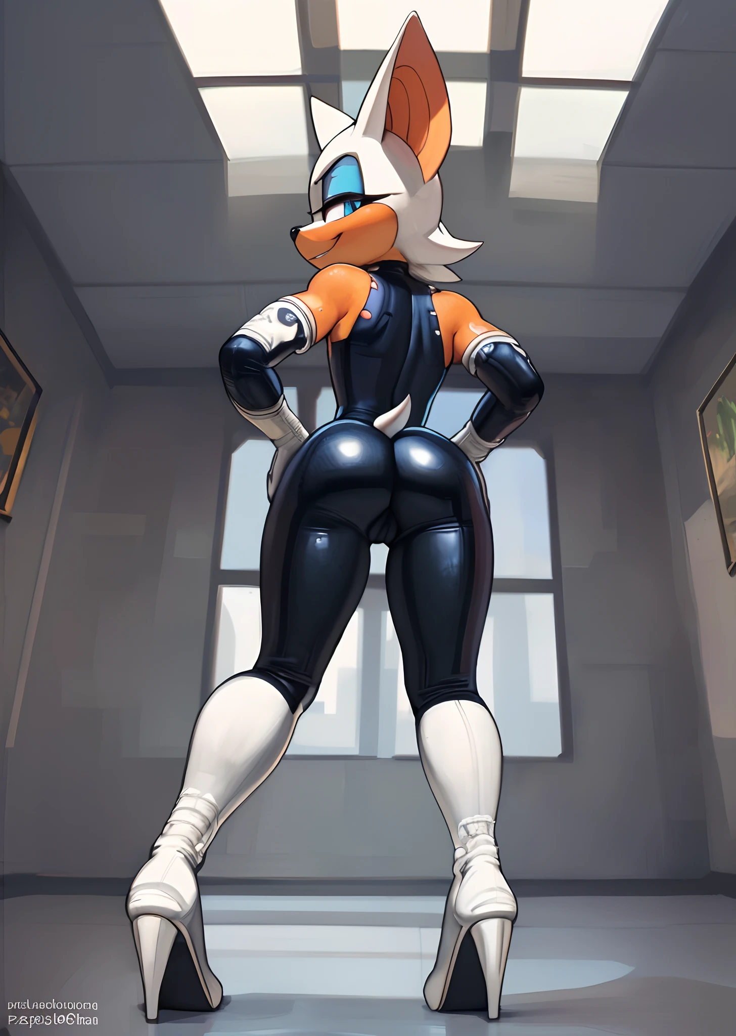 [Rouge the bat], [Uploaded to e621.net; (Pixelsketcher), (wamudraws), (napalm_express)], ((masterpiece)), ((HD)), ((High Quality)), ((furry)), ((solo portrait)), ((back view)), ((full body)), ((ass focus)), ((detailed fur)), ((detailed shading)), ((cel shading)), ((beautiful render art)), ((intricate details)), {anthro, (white fur), (orange skin), black nose, bat ears, cute blue eyes, (blue eyeshadow), short tail, (gorgeous hips), (beautiful legs), (camel toe), (smug grin)}, {(black spandex bodysuit), (white gloves), (white knee-high boots), (heels)}, {(standing), (bend over), (looking back)}, [background; (museum), (ambient lighting)]