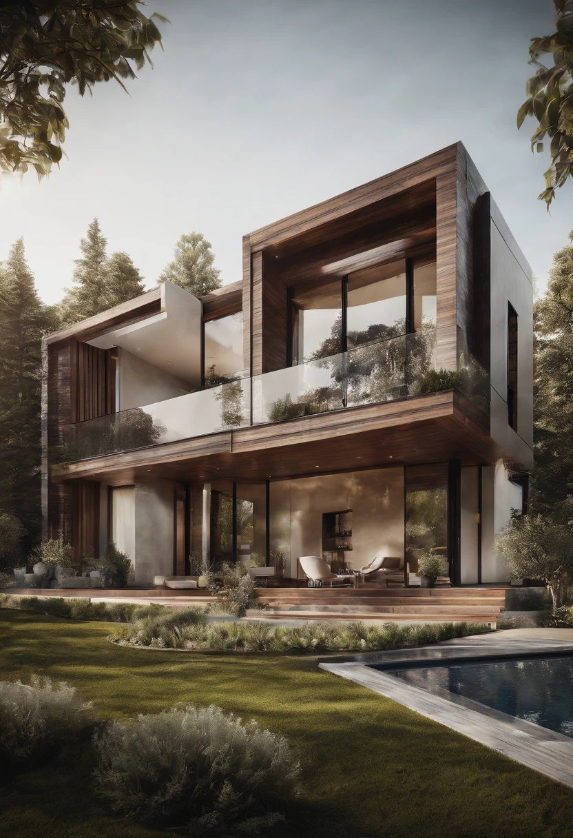 Villa design, straight front view, modern style, many trees, straight view of the building, street, combination of white walls, glass and wood, sparkling