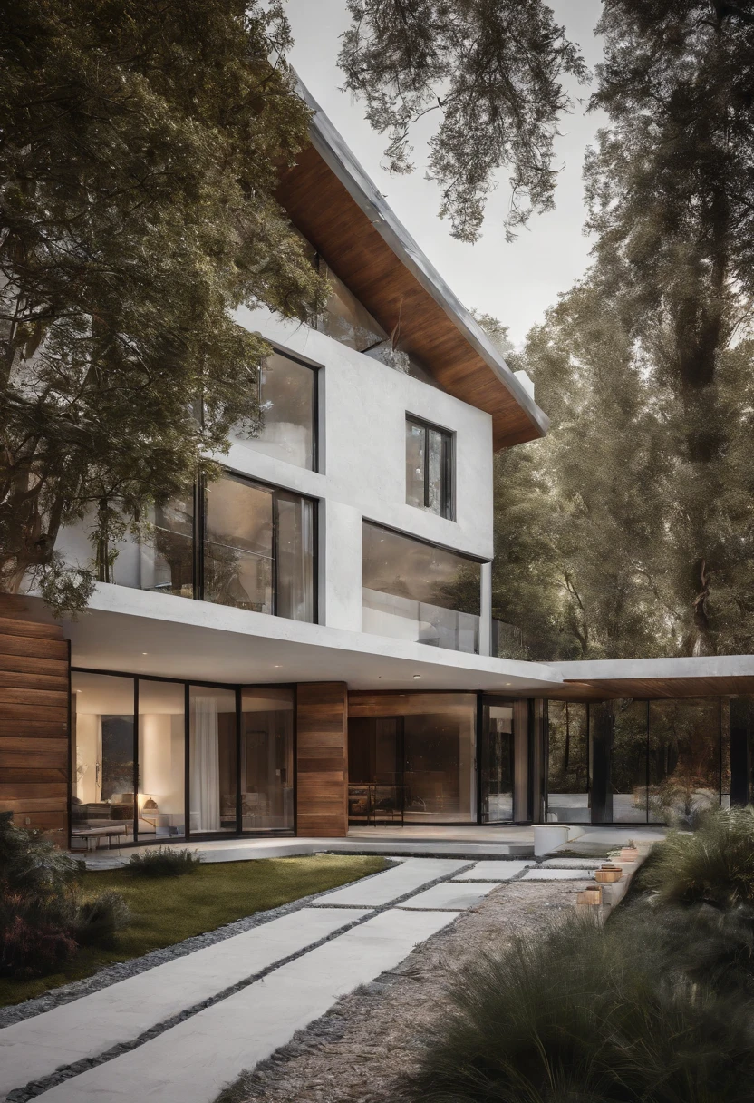 Villa design, straight front view, modern style, many trees, straight view of the building, street, combination of white walls, glass and wood, sparkling