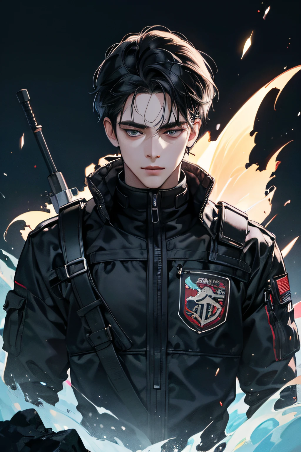 (best quality, hyper-detailed, masterpiece, beautiful image) digital art, 4k, anime, young adult, black medium hair, cold, melancholic, dark background scene, half body up, male