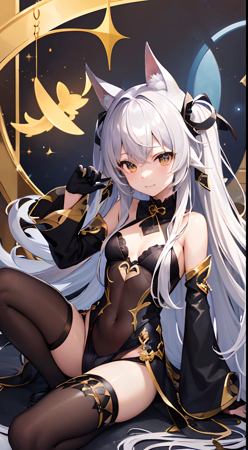 hight resolution、hightquality、ultra-detailliert、8k wallpaper、1人の女性、silber hair、Beautiful fece、Wearing a shark costume、Teeth are shark fangs、Kamimei、Melancholy is in the air、Lovers feeling、Be loved、Familiarity、Lots of gold and black、Gold and black background