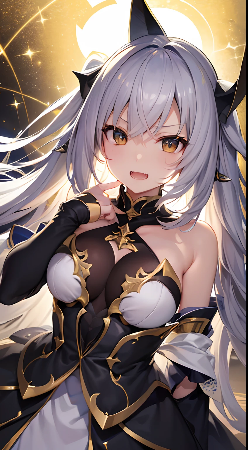 hight resolution、hightquality、ultra-detailliert、8k wallpaper、1人の女性、silber hair、Beautiful fece、Wearing a shark costume、Teeth are shark fangs、Kamimei、Melancholy is in the air、Lovers feeling、Be loved、Familiarity、Lots of gold and black、Gold and black background