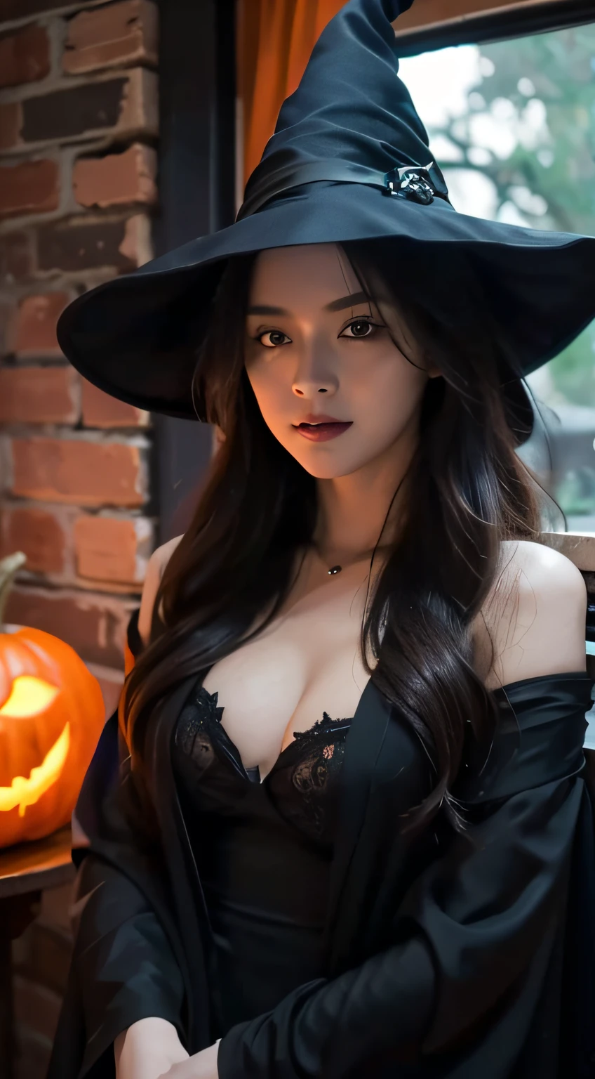 1young girl,(sexy witch costume:1.2),spooky Halloween decorated house,ultra-detailed,realistic:1.2,sharp focus,vivid colors,studio lighting,horror,portrait,mysterious atmosphere,glowing pumpkins,creepy spiders,witch hat,scary mask,haunted furniture,dark and eerie shadows,moonlight streaming through the windows,ghostly apparitions,witch broom,foggy ambiance,witch cauldron,bats flying in the background,spiderweb-covered walls,magic spellbook,orange and black color scheme,mysterious girl's eyes piercing through the darkness,mix4
