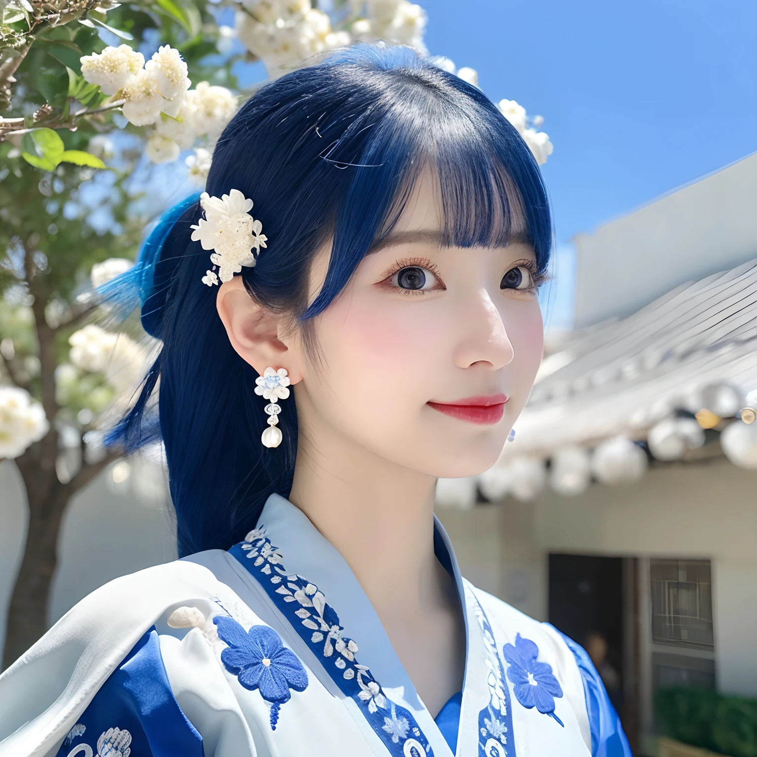 Mature Girl, Blue and white hair color, floating hair, Sensitive and flexible eyes, Complex Hanju embroidered fabric, Spectacular accessories, Wearing pearl earrings, FOV, F/1.8, masterpiece, Traditional Chinese style architecture, blue sky, Flying petals, Front Portrait, Chang'er, Side lighting, Sunlight shines on people.