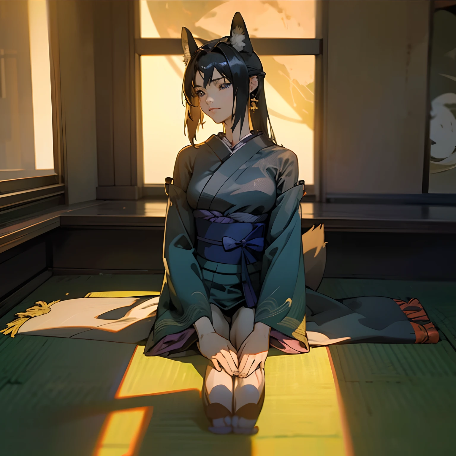 ((beautiful anime eyes with fine detail)), realistic skin, (intricate details), best lighting, depth field, ((ultra high resolution, high res)),{highres}, {{very fine 8KCG wallpapers}}, {{very precise detailed}},((((masterpiece)))), high quality, very_high_resolution, large_filesize, full color,Very delicate and beautiful girl with precision ((vivid and beautiful, shocking sensation, incredibly detailed
, realistic)), (embarrassed:0.9), solemn, bare shoulders, (obi:1.6), (see-through:1.2), covered, (covered closed legs:1.2), black hair, long hair, fox ears, blue eyes, profile, modest black kimono, back, medium-large breasts, (((dark voluminous fox tail))), andon, (((sit flat on the floor with one's legs bent backwards))), muscular arms, muscular thighs, glowing moon in background, drawing from front, old Japanese architecture, drawing outside from inside, Japanese garden, night